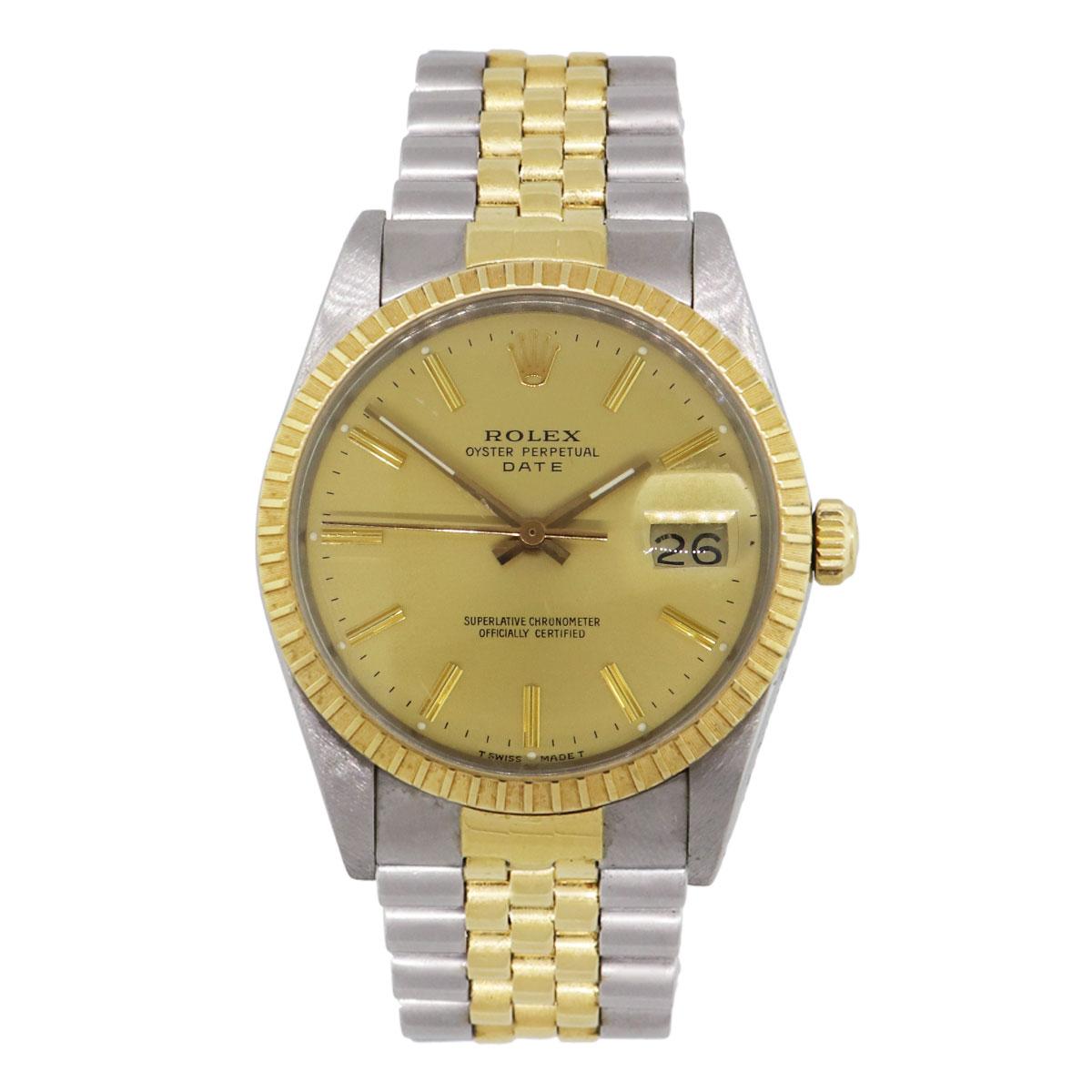 Brand: Rolex
MPN: 15053
Model: Date
Case Material: Stainless steel
Case Diameter: 34mm
Crystal: Plastic crystal
Bezel: 18k yellow gold engine turned bezel
Dial: Champagne stick dial
Bracelet: Stainless steel and 18k yellow gold band
Size: Will fit