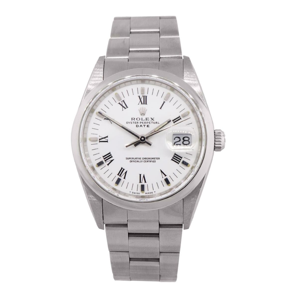 Brand: Rolex
MPN: 15200
Model: Date
Case Material: Stainless Steel
Case Diameter: 34mm
Crystal: Sapphire crystal
Bezel: Stainless steel smooth bezel
Dial: White roman dial
Bracelet: Stainless steel oyster band
Size: Will fit a 7″ wrist
Serial: “X”