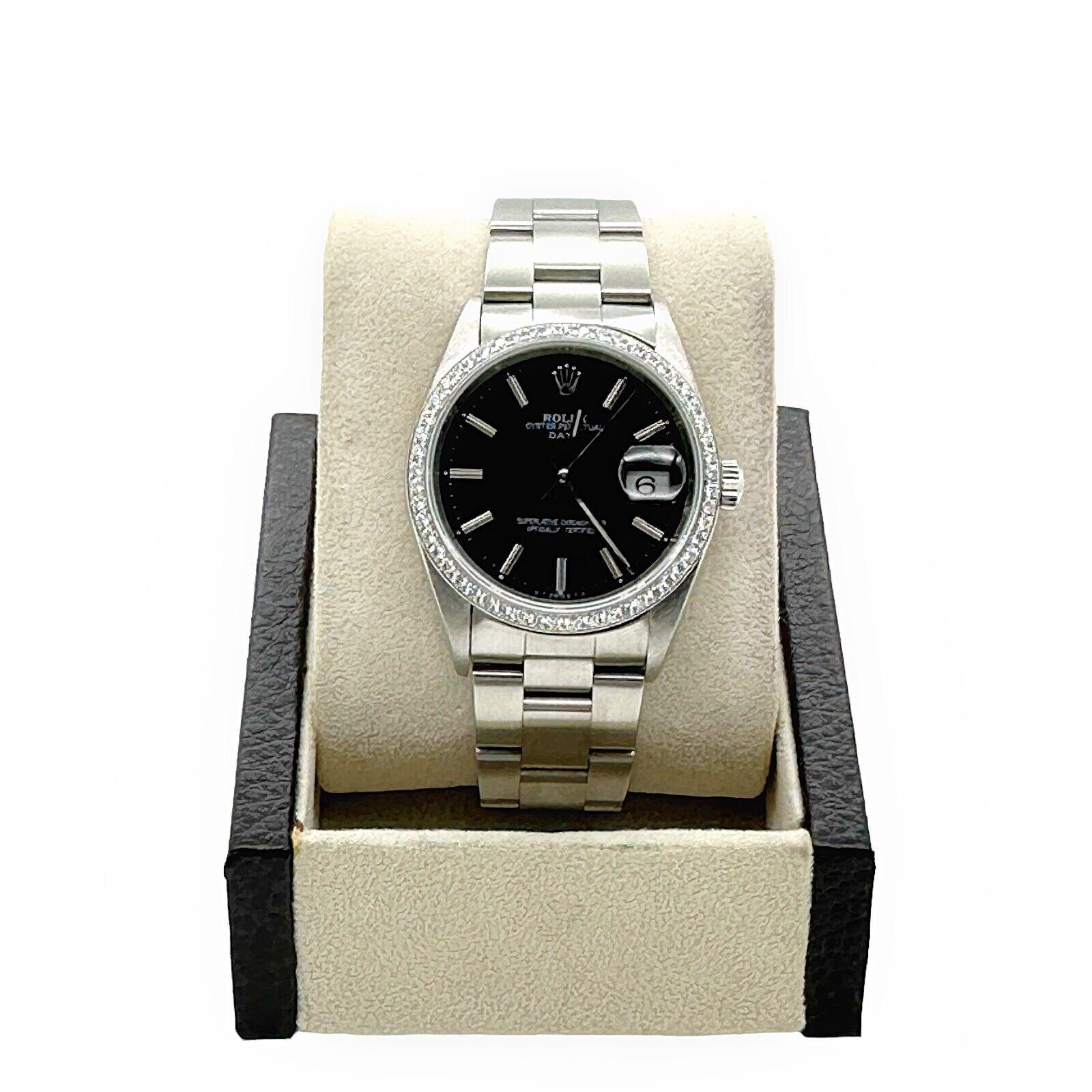 Rolex 15200 Oyster Perpetual Date Cadran noir Lunette diamant Acier inoxydable Excellent état - En vente à San Diego, CA