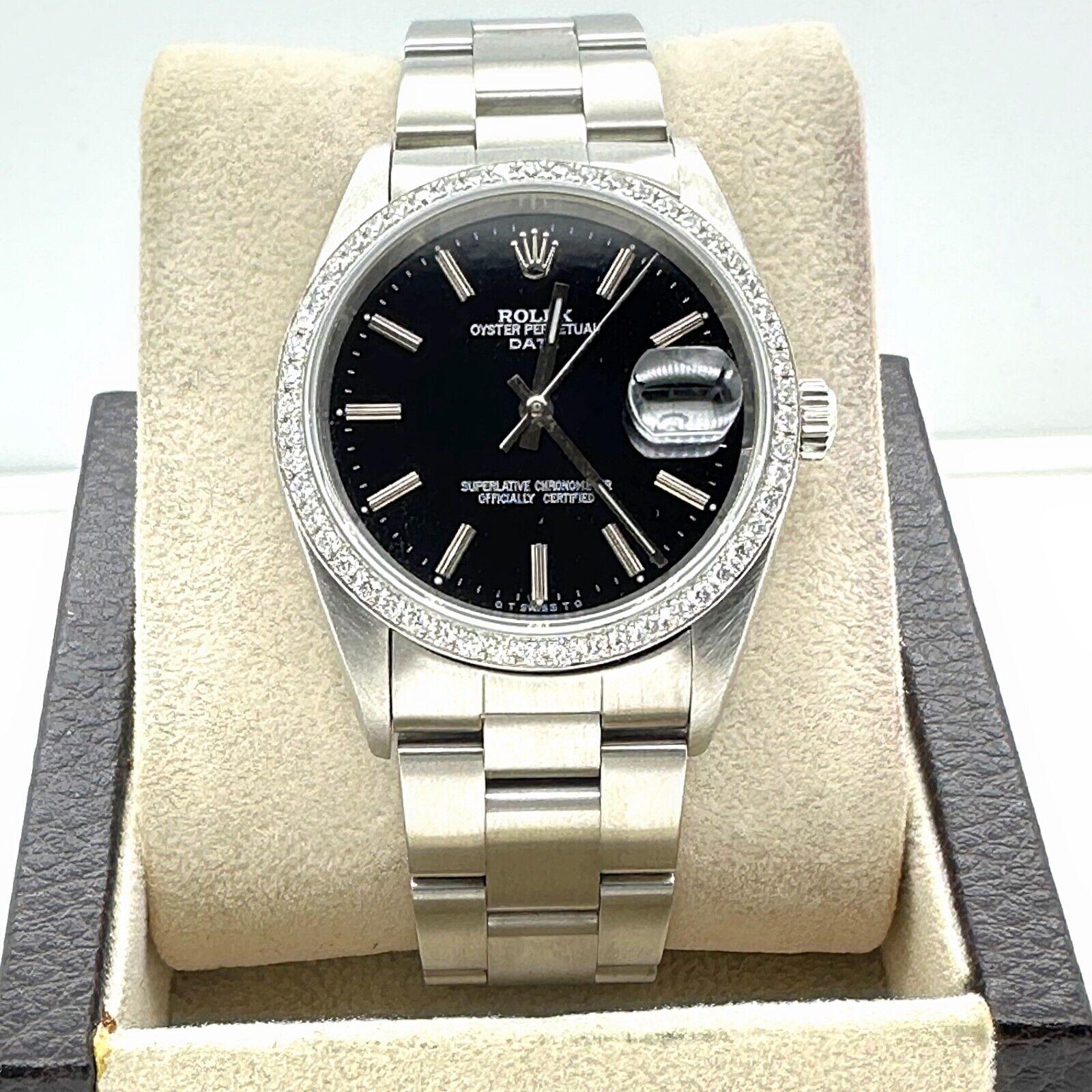 Men's Rolex 15200 Oyster Perpetual Date Black Dial Diamond Bezel Stainless Steel For Sale