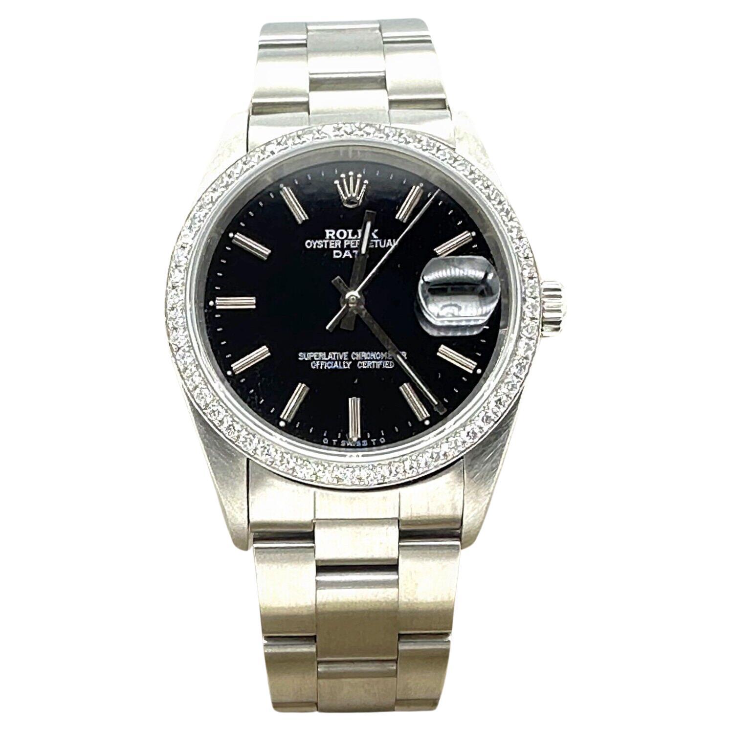 Rolex 15200 Oyster Perpetual Date Cadran noir Lunette diamant Acier inoxydable en vente