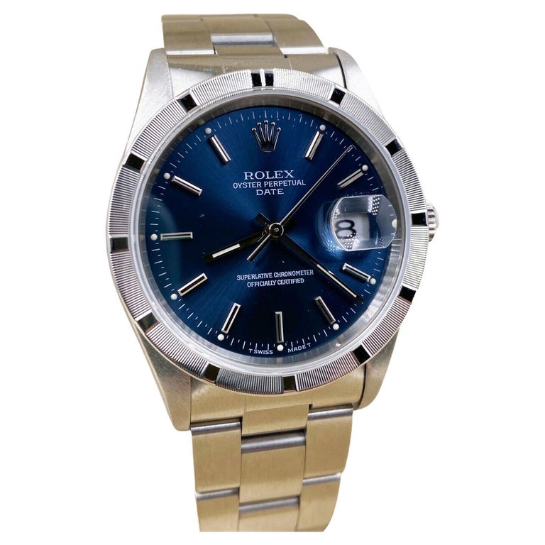 Rolex 15210 Date Blue Dial Engine Turned Bezel Stainless Steel For Sale at  1stDibs
