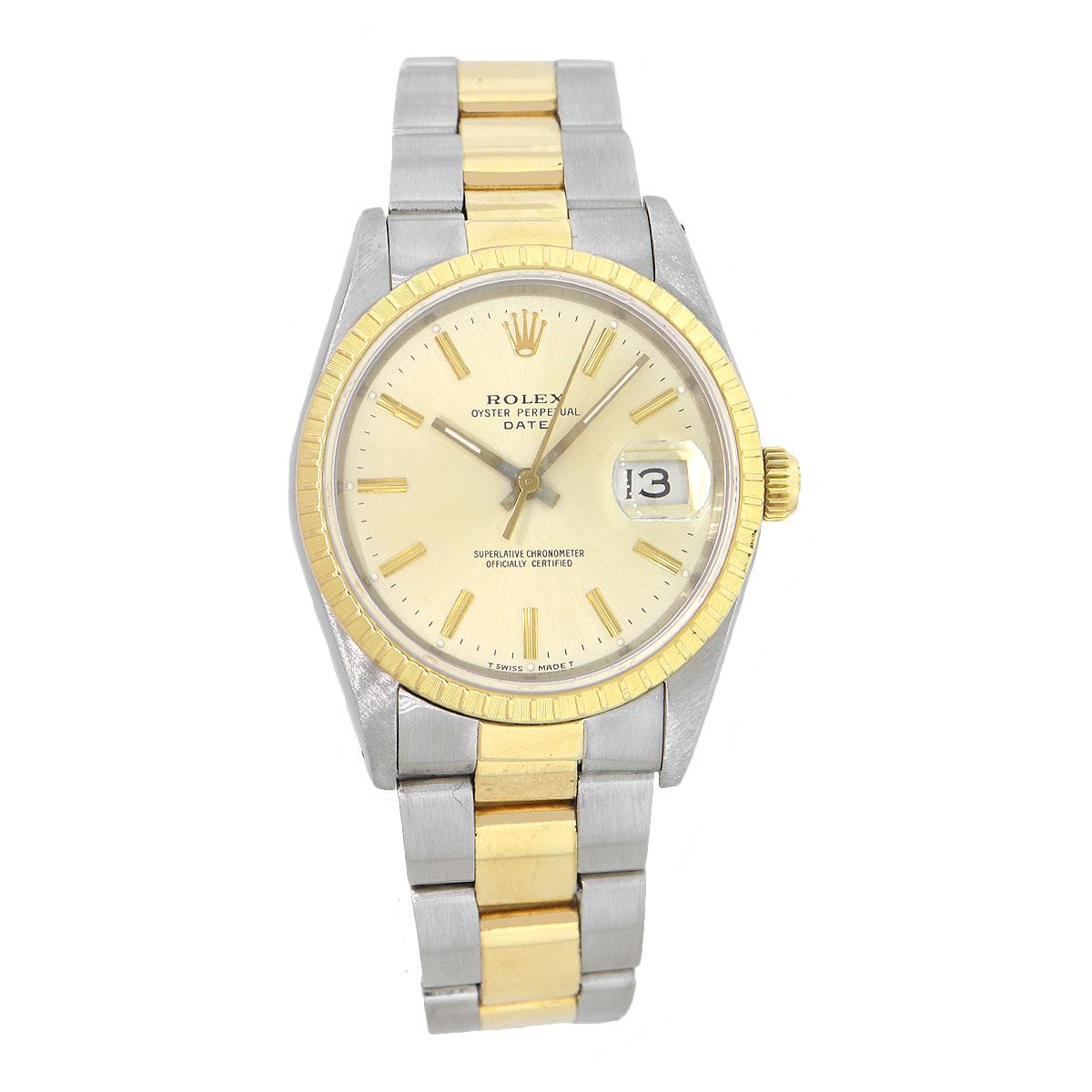 Brand: Rolex
Model: Date
Reference Number: 15223
Serial: “L”
Case Material: Stainless Steel
Dial: Champagne Dial with golden stick markers and hands. Date is located at 3 O’Clock.
Bezel: 18k Yellow Gold, Engine Turned Fixed Bezel
Case Measurements:
