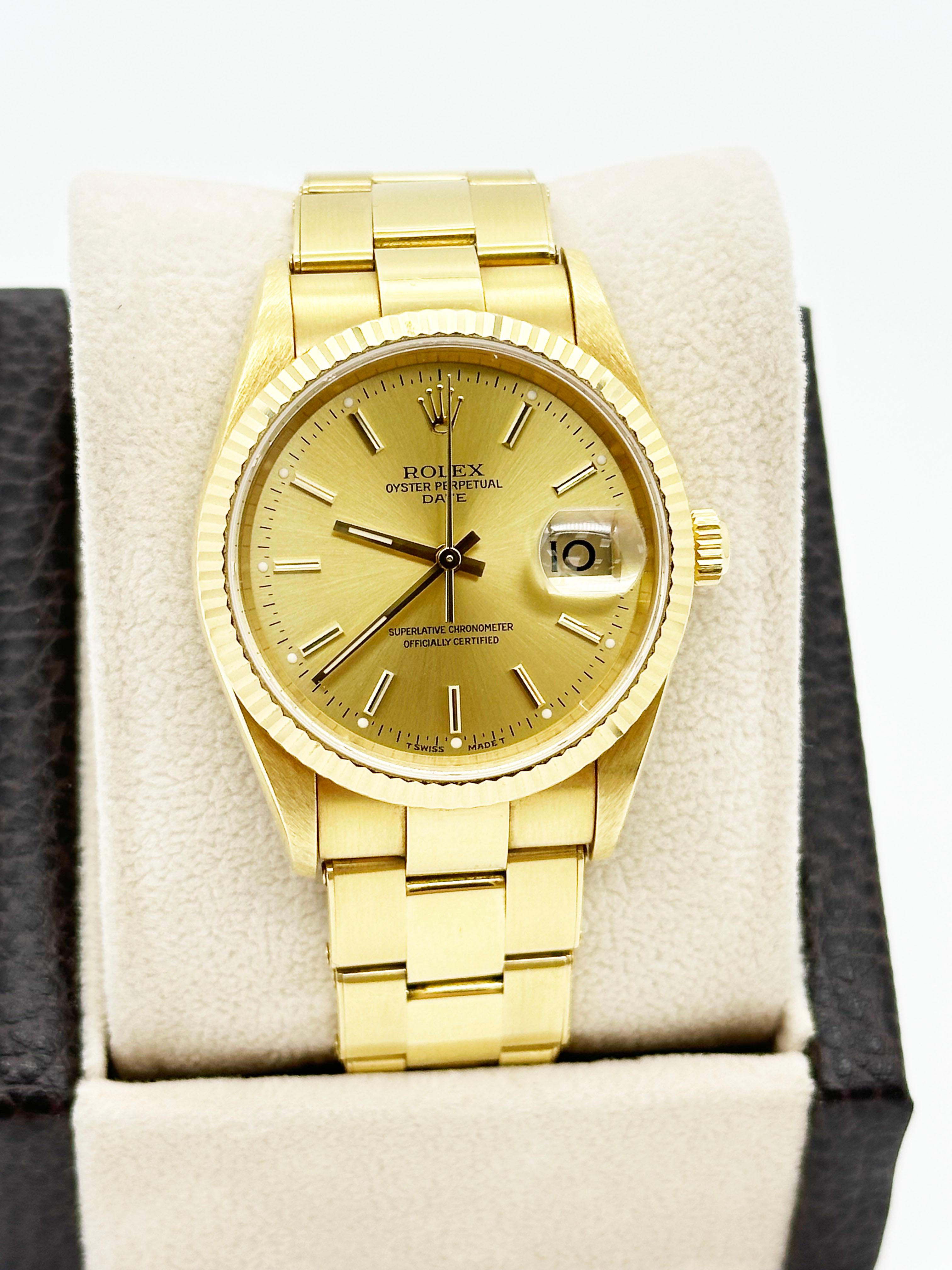 Women's or Men's Rolex 15238 Date Champagne Dial 18K Yellow Gold Box Paper Unpolished COLLECTIBLE For Sale