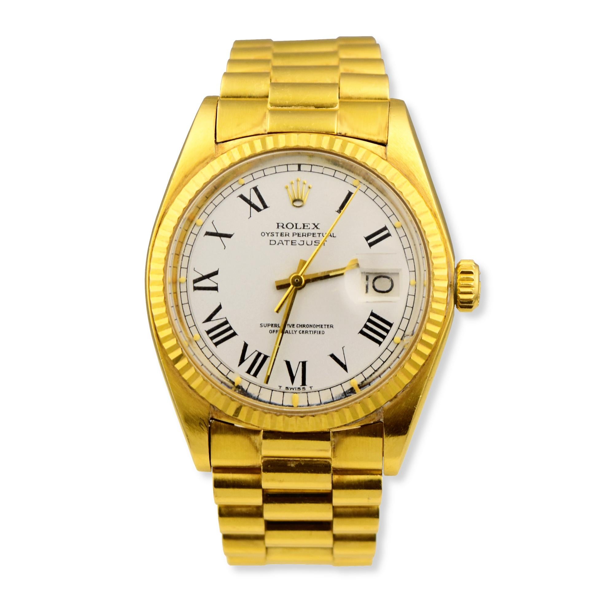 Brand: Rolex

Model Name: Datejust

Model Number:  1600

Movement: Automatic

Case Size: 36 mm

Case Back: Closed

Case Material: Yellow Gold

Bezel: Fluted

Total Item Weight(grams): approx. 120 g

Dial: White

Bracelet:  Yellow Gold

Hour Markers: