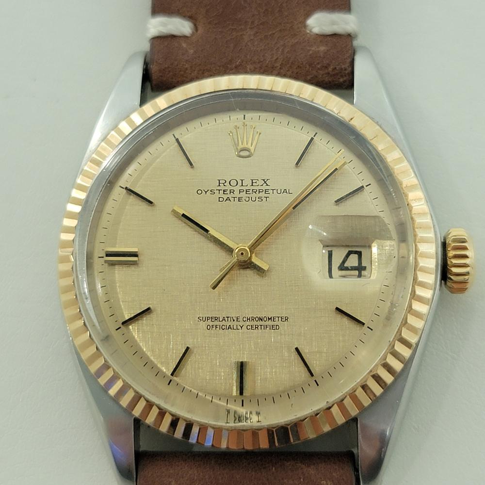 Timeless icon, Men's 18k yellow gold and stainless steel Rolex Oyster ref.1601 Datejust automatic with iconic linen dial, c.1969, in excellent working condition. Verified authentic by a master watchmaker. Iconic Rolex signed gold linen dial, applied