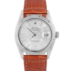 Rolex 1601 Men's Datejust, Silver Stick Dial, Fluted Bezel, Brown Leather