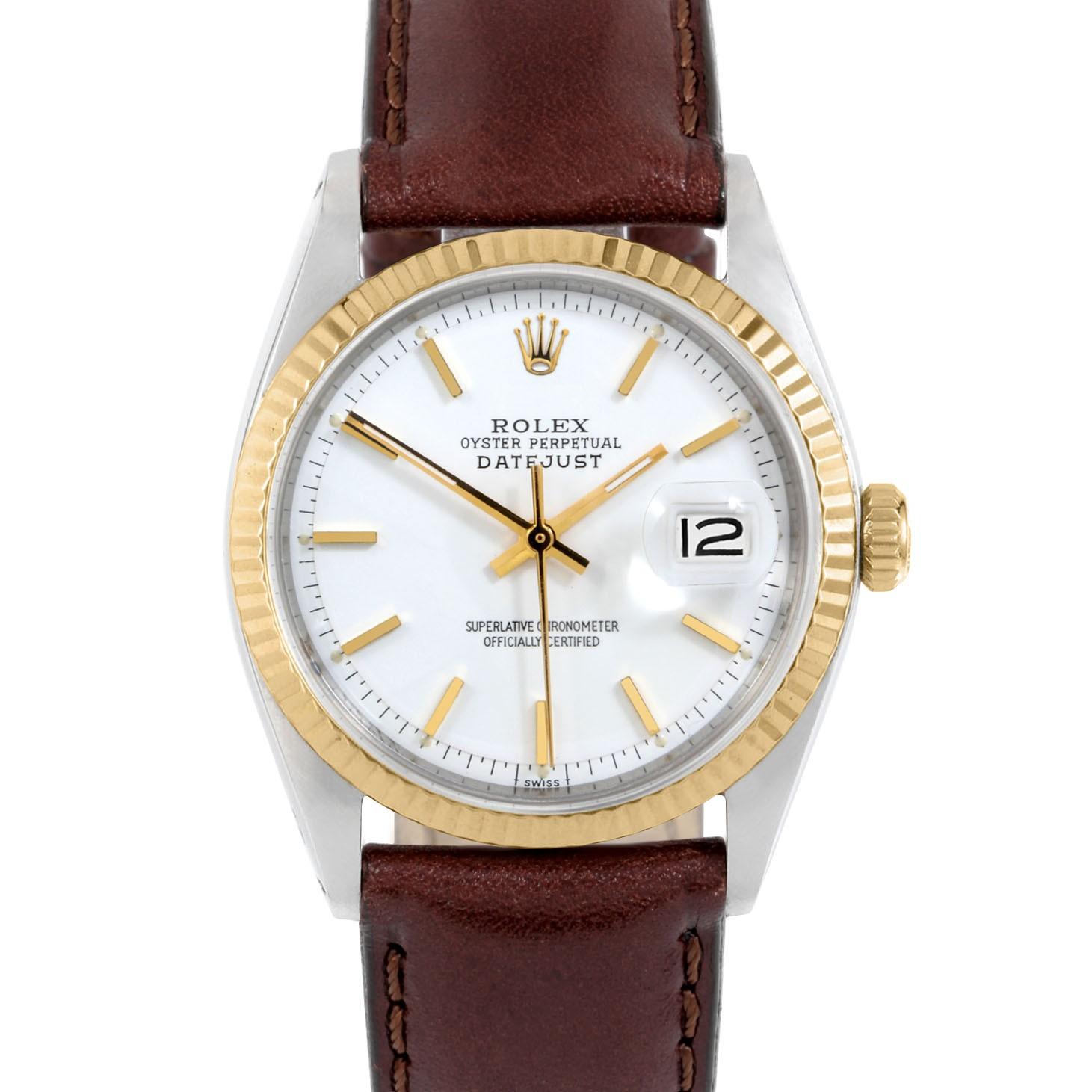 Rolex 1601 Men's Datejust, White Stick, Fluted Bezel and Brown Leather