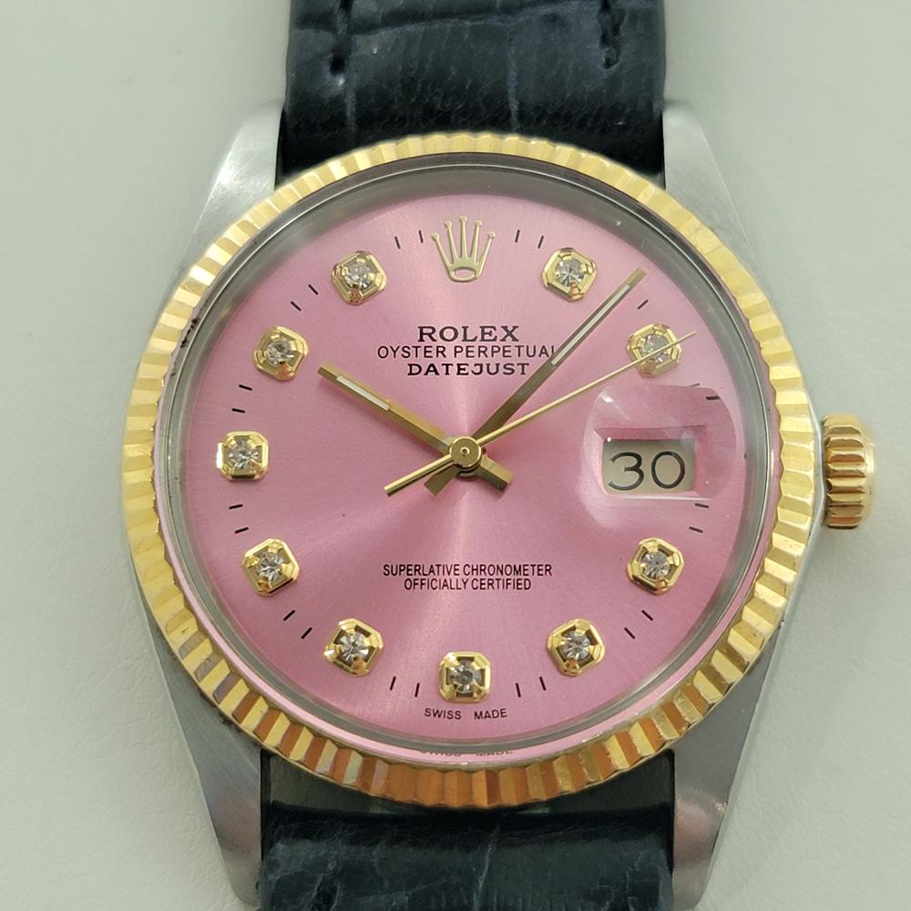 Superbe icône, Rolex Oyster Perpetual 16013 Datejust automatique personnalisée en or 18k et acier inoxydable, cadran en diamants roses, c.C. 1986 en excellent état de fonctionnement. Vérifié authentique par un maître horloger. Magnifique cadran rose