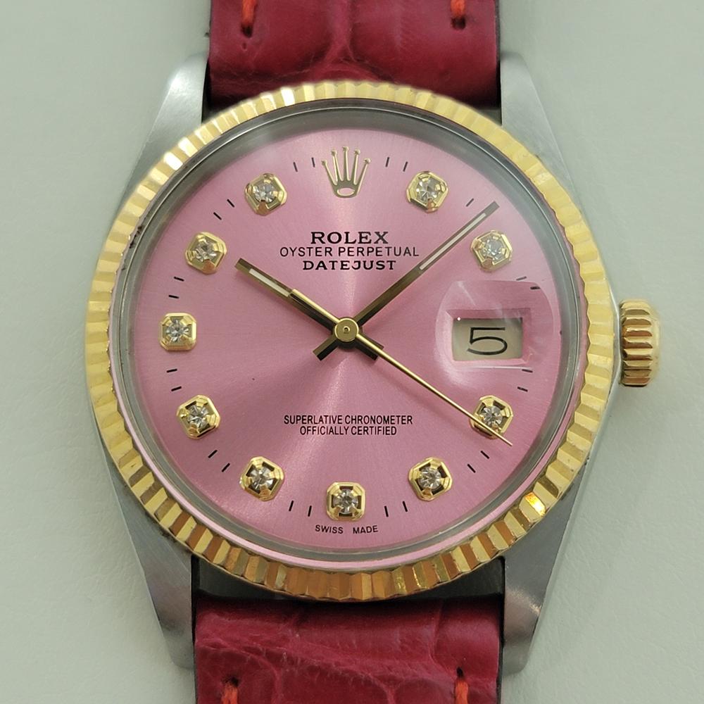 Dazzling iconic classic, Men's 18k gold and stainless steel Rolex 16013 Datejust automatic custom pink diamond dial, c.1986 in excellent working condition. Verified authentic by a master watchmaker. Stunning custom original Rolex pink dial with