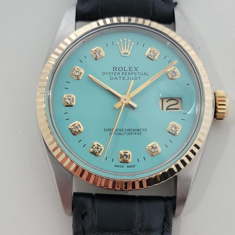 Timeless icon, Men's 18k gold and stainless steel Rolex Oyster Perpetual 16013 Datejust diamond dial automatic, c.1980, in excellent working condition. Verified authentic by a master watchmaker. Gorgeous Rolex signed custom powder blue dial, applied