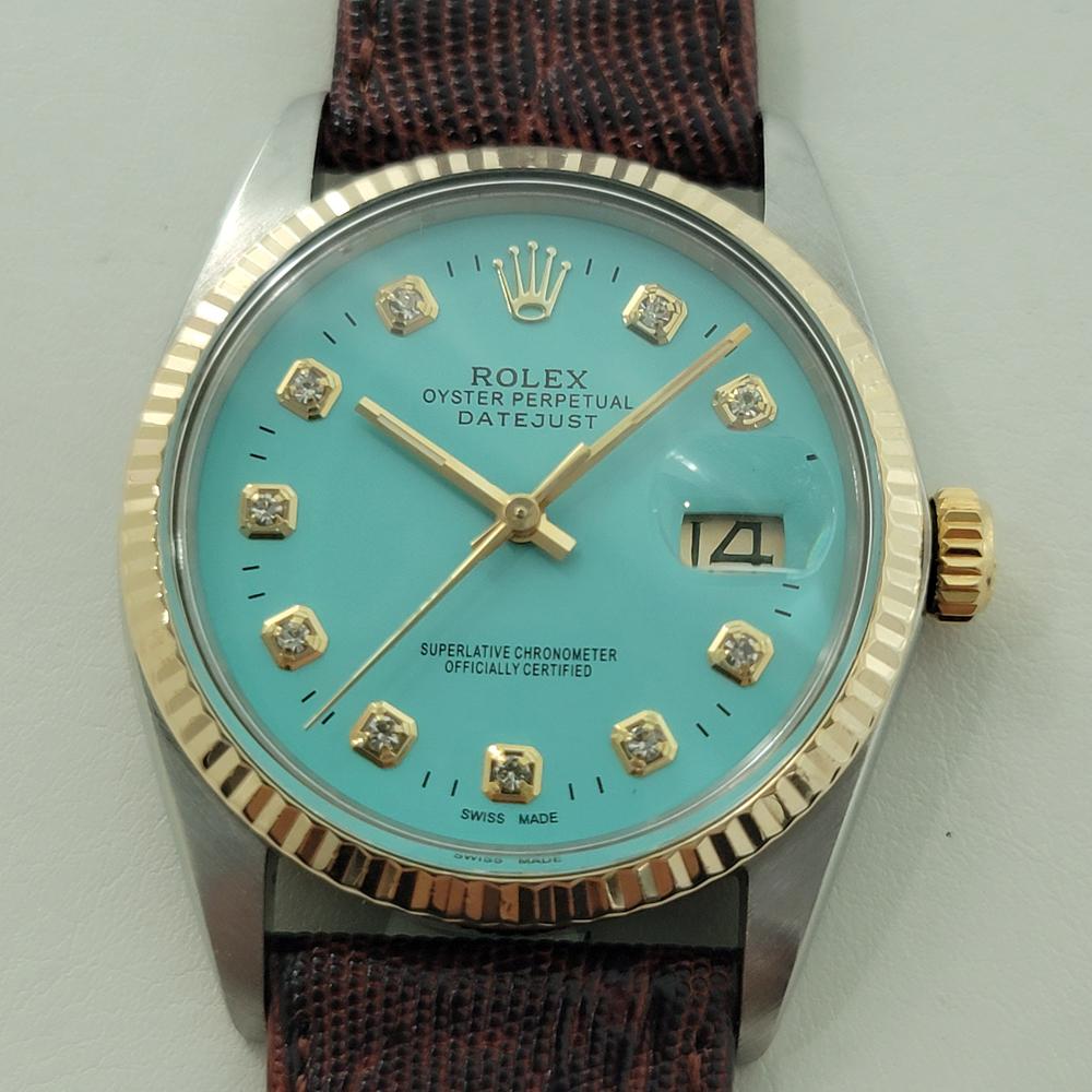 Timeless icon, Men's 18k gold and stainless steel Rolex Oyster Perpetual 16013 Datejust custom diamond dial automatic, c.1980, in excellent working condition. Verified authentic by a master watchmaker. Gorgeous Rolex signed custom powder blue dial,