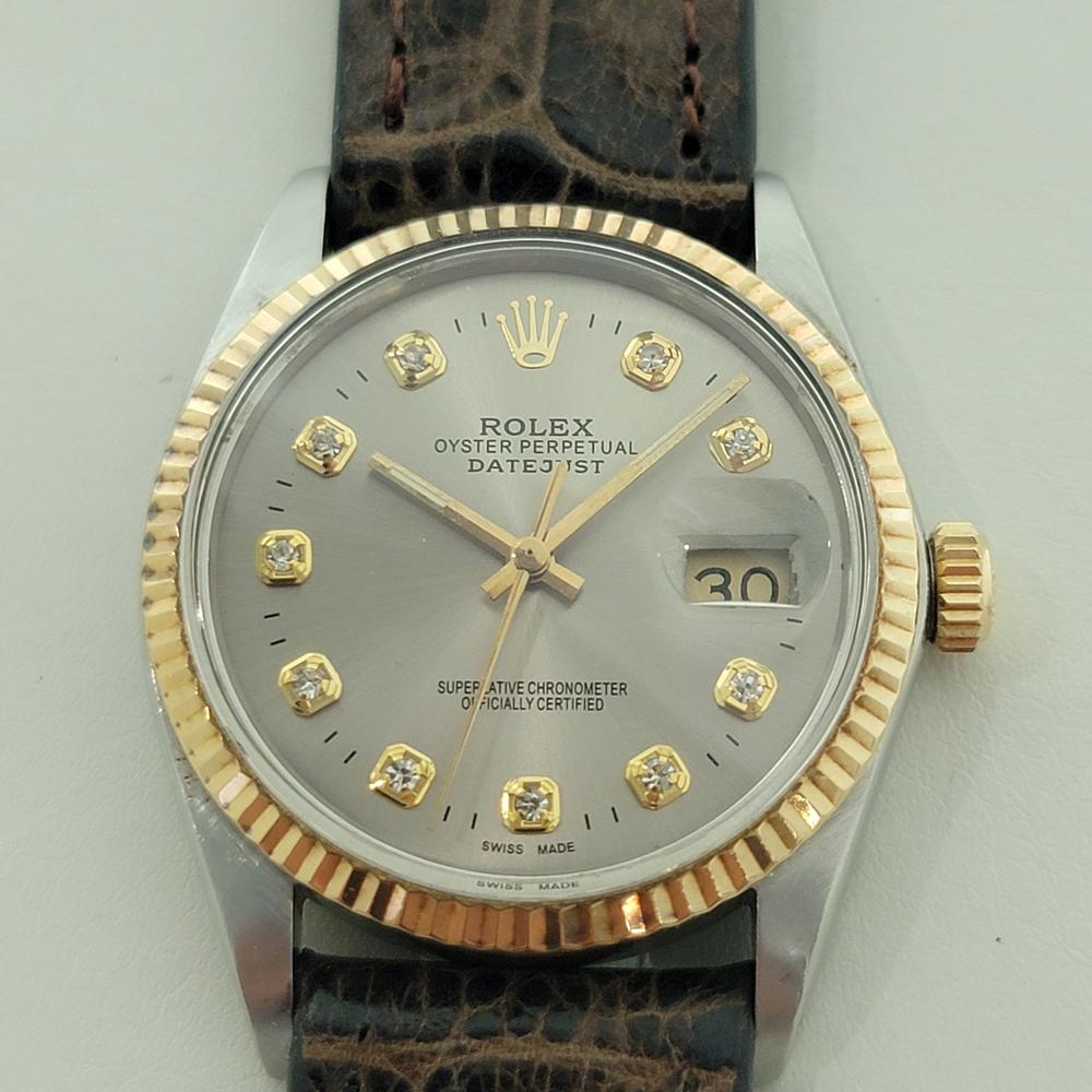 Umwerfend klassisch, Rolex 16013 Datejust Automatik Herrenuhr aus 18-karätigem Gold und Edelstahl mit nachgefertigten Diamantindexen, ca. 1986, in ausgezeichnetem Zustand. Von einem Uhrmachermeister für echt befunden. Gorgeous Rolex Rauch Silber