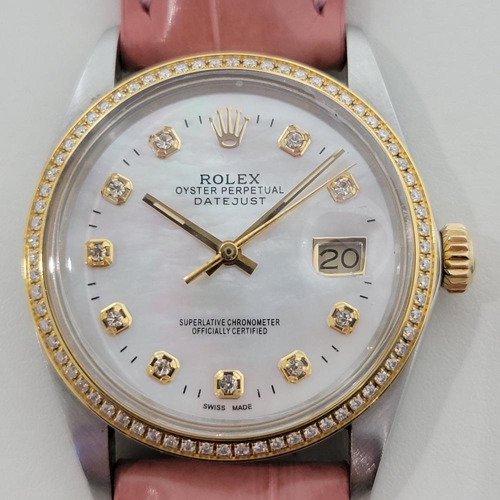 Dazzling classic, Men's 18k gold and stainless steel Rolex Oyster Perpetual 16013 Datejust diamond set mother of pearl dial automatic, c.1986, in excellent working condition. Verified authentic by a master watchmaker. Stunning custom MOP dial,