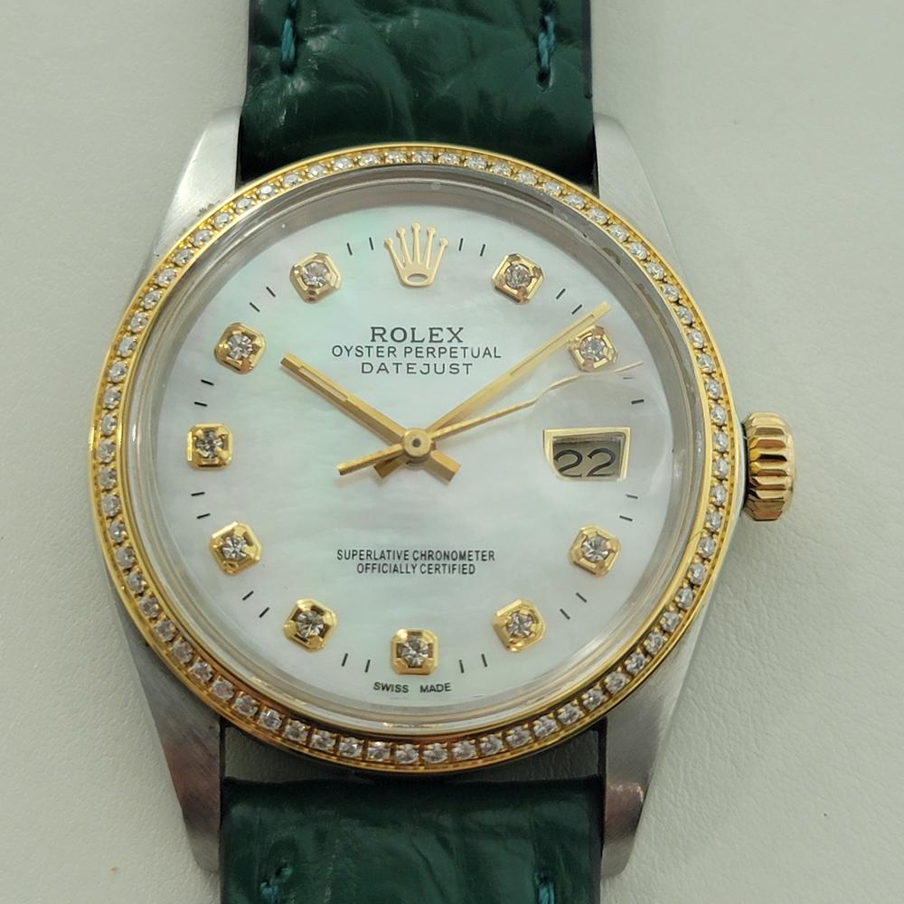 A dazzling iconic classic, Men's 18k gold and stainless steel Rolex Oyster Perpetual 16013 Datejust diamond set mother of pearl dial automatic, c.1986, in excellent working condition. Verified authentic by a master watchmaker. Stunning custom MOP