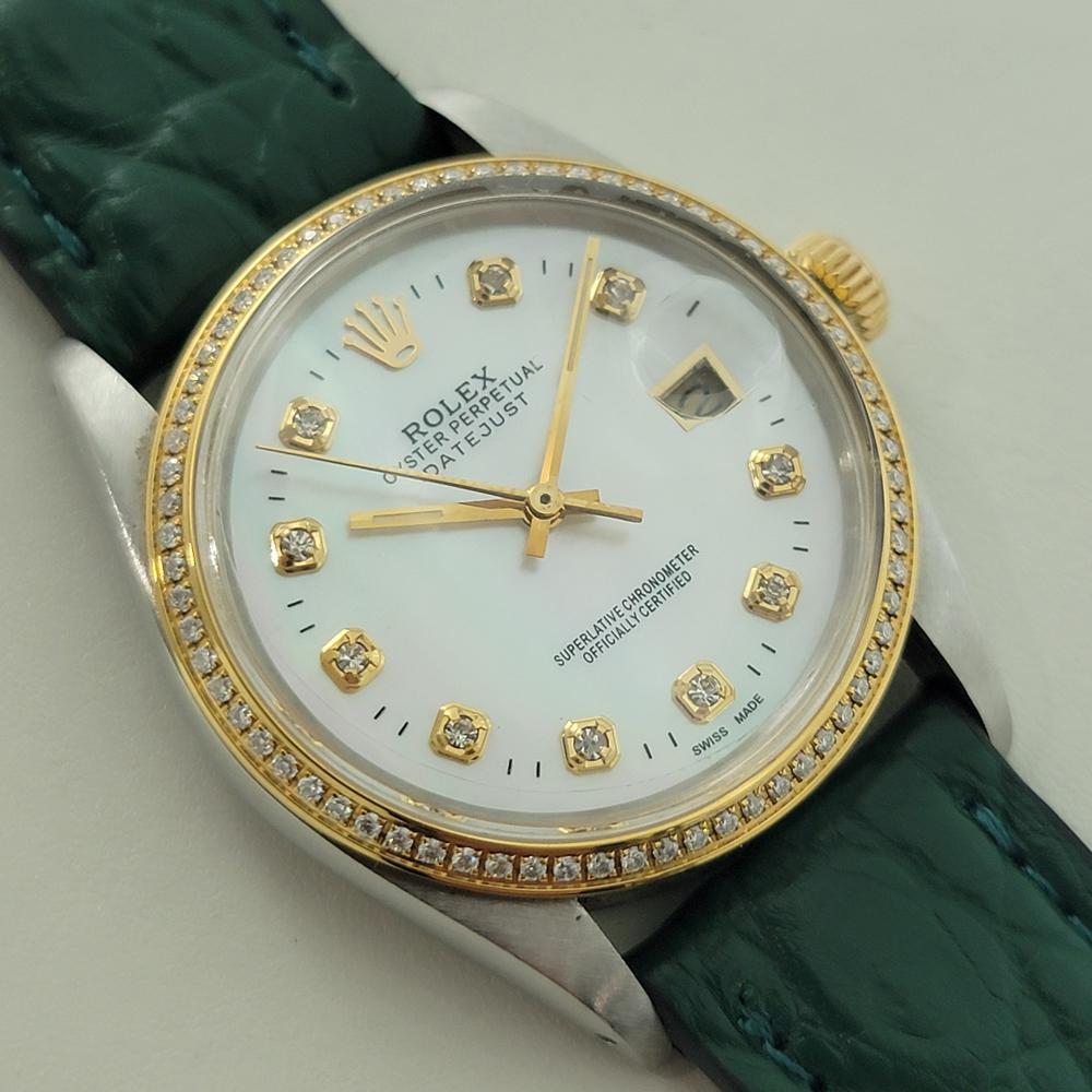 Rolex 16013 Datejust 36mm 18k SS Mens Diamond MOP Dial Automatic 1980s RA552B In Excellent Condition For Sale In Beverly Hills, CA