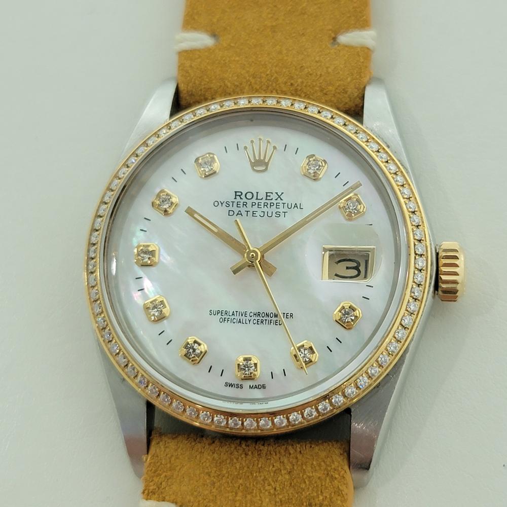 Stunning classic, Men's 18k gold and stainless steel Rolex Oyster Perpetual 16013 Datejust diamond set mother of pearl dial automatic, c.1984, in excellent working condition. Verified authentic by a master watchmaker. Stunning custom MOP dial,