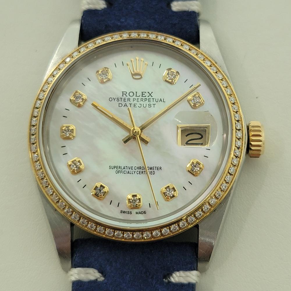 Stunning classic, Men's 18k gold and stainless steel Rolex Oyster Perpetual 16013 Datejust diamond set mother of pearl dial automatic, c.1984, in excellent working condition. Verified authentic by a master watchmaker. Stunning custom MOP dial,
