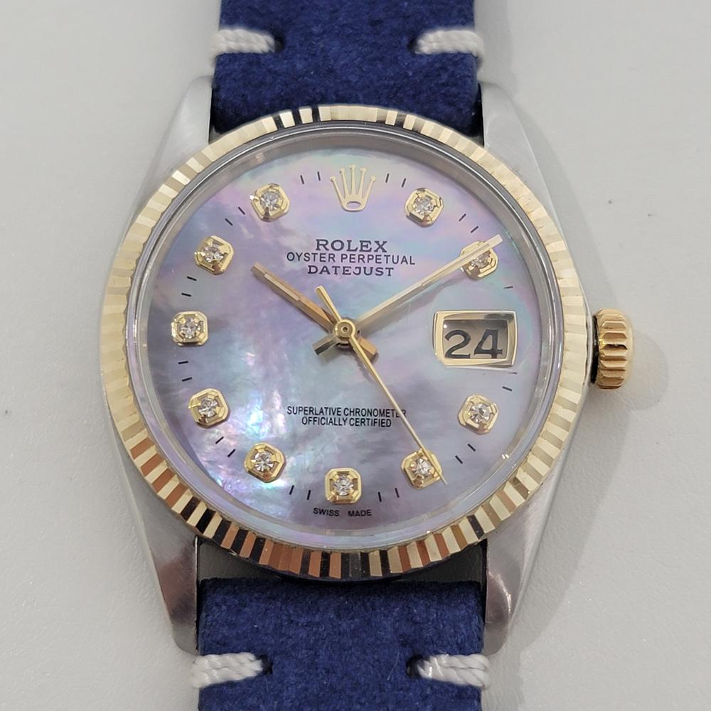 Stunning classic, Men's 18k gold and stainless steel Rolex Oyster Perpetual 16013 Datejust diamond set mother of pearl dial automatic, c.1981, in excellent working condition. Verified authentic by a master watchmaker. Stunning custom MOP dial,