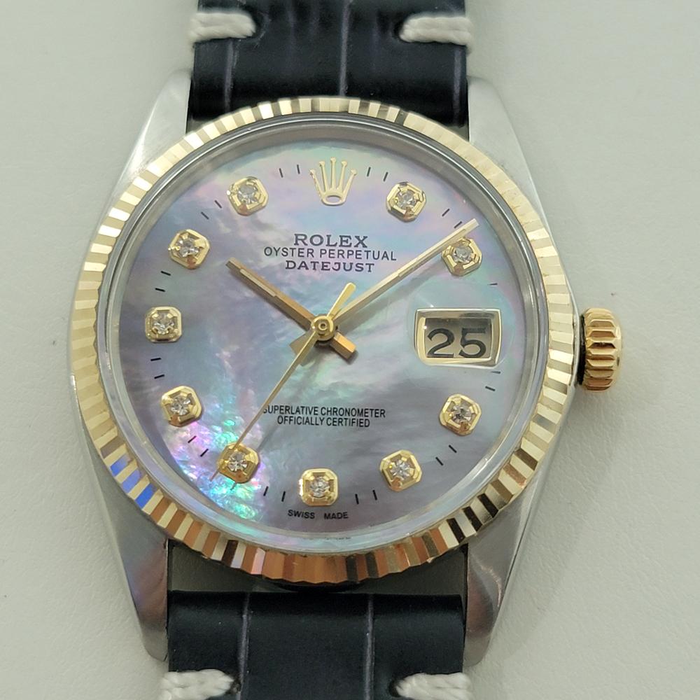 Stunning classic, Men's 18k gold and stainless steel Rolex Oyster Perpetual 16013 Datejust diamond set mother of pearl dial automatic, c.1981, in excellent working condition. Verified authentic by a master watchmaker. Stunning custom MOP dial,
