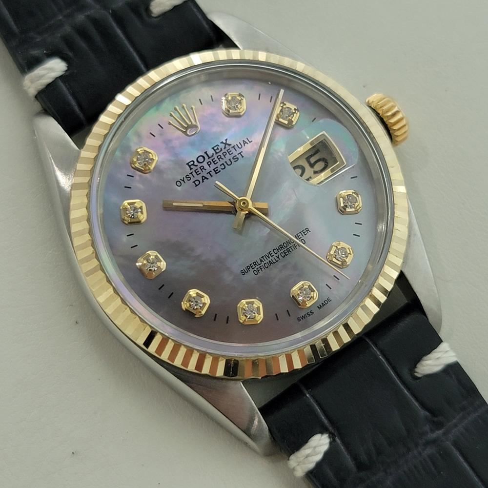 Rolex 16013 Datejust 36mm 18k SS Mens Diamond MOP Dial Automatic 1980s RA554B In Excellent Condition For Sale In Beverly Hills, CA