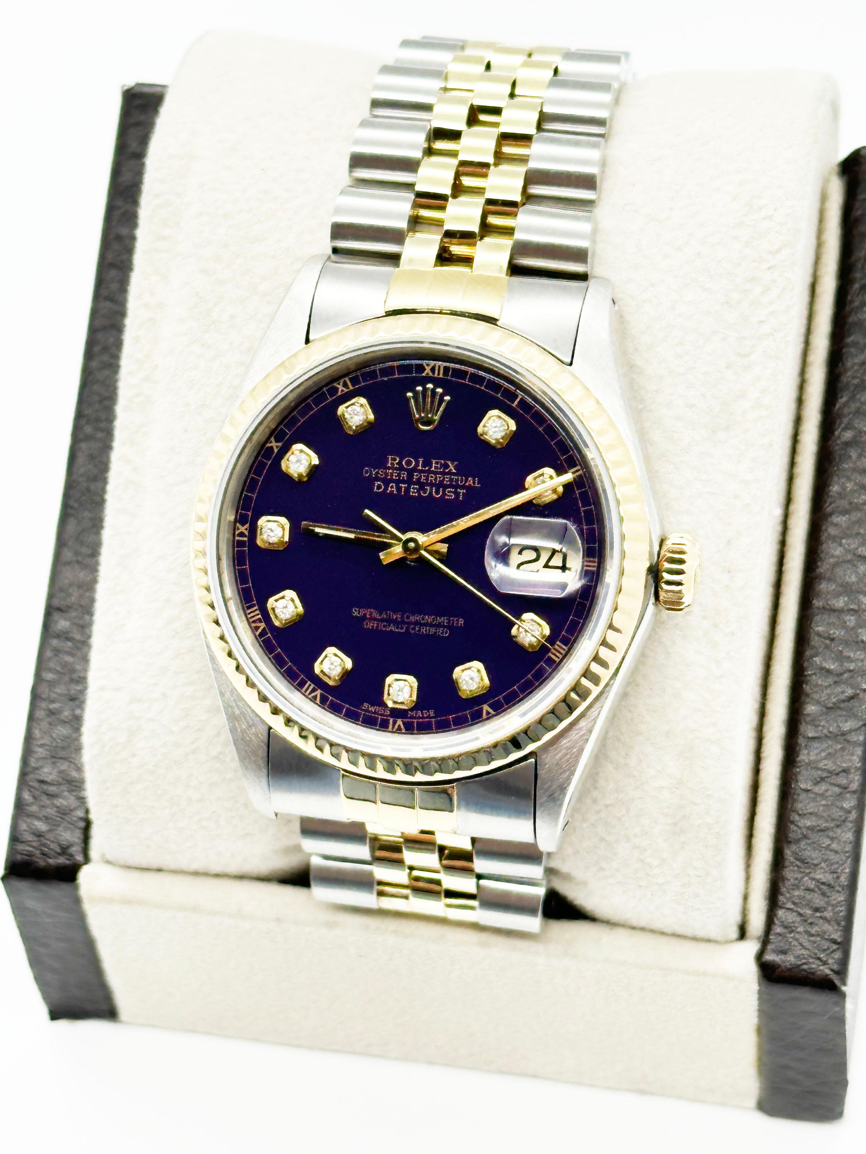 Rolex 16013 Datejust 36mm Lila Diamant-Zifferblatt 18K Gelbgold Edelstahl im Zustand „Hervorragend“ im Angebot in San Diego, CA