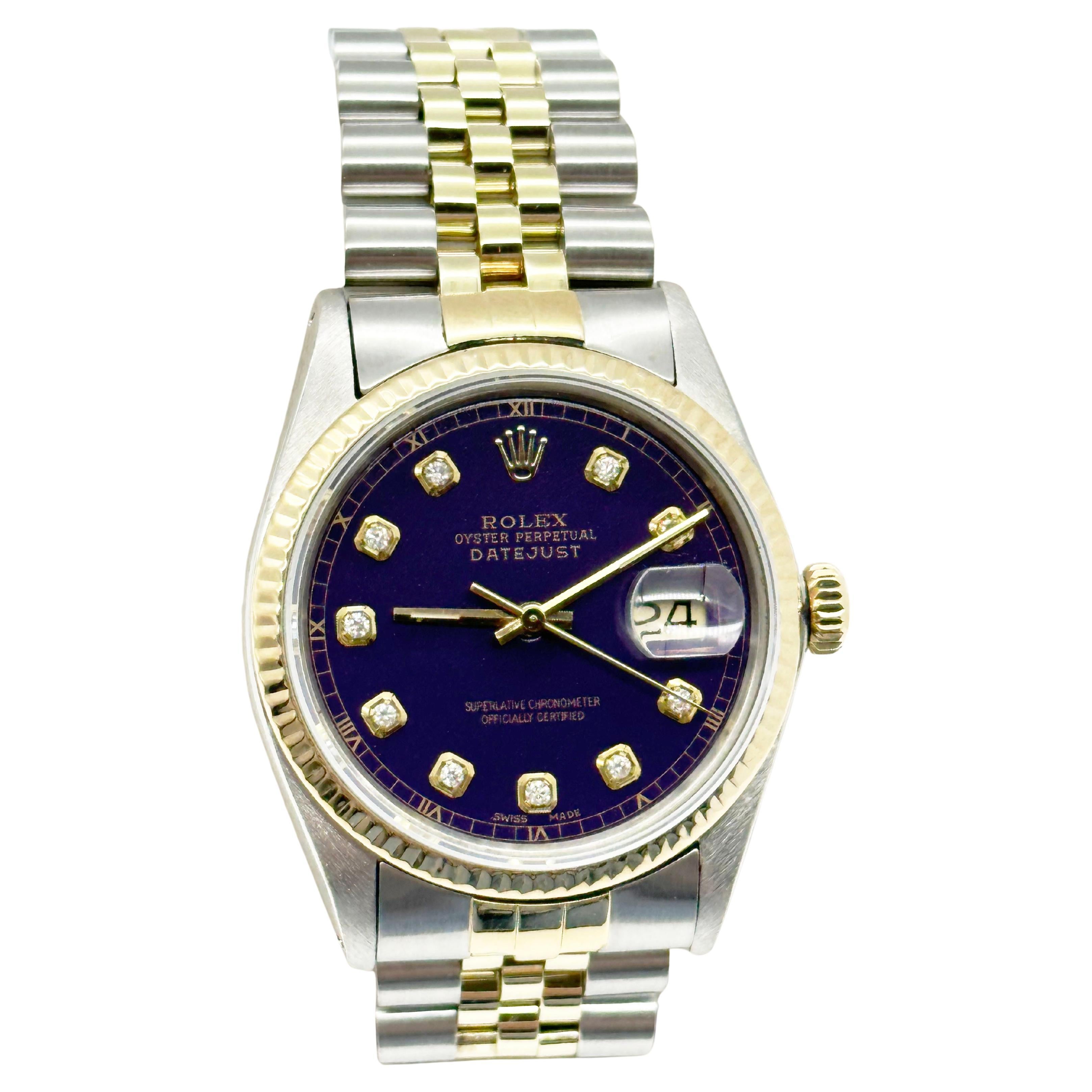 Rolex 16013 Datejust 36mm Lila Diamant-Zifferblatt 18K Gelbgold Edelstahl