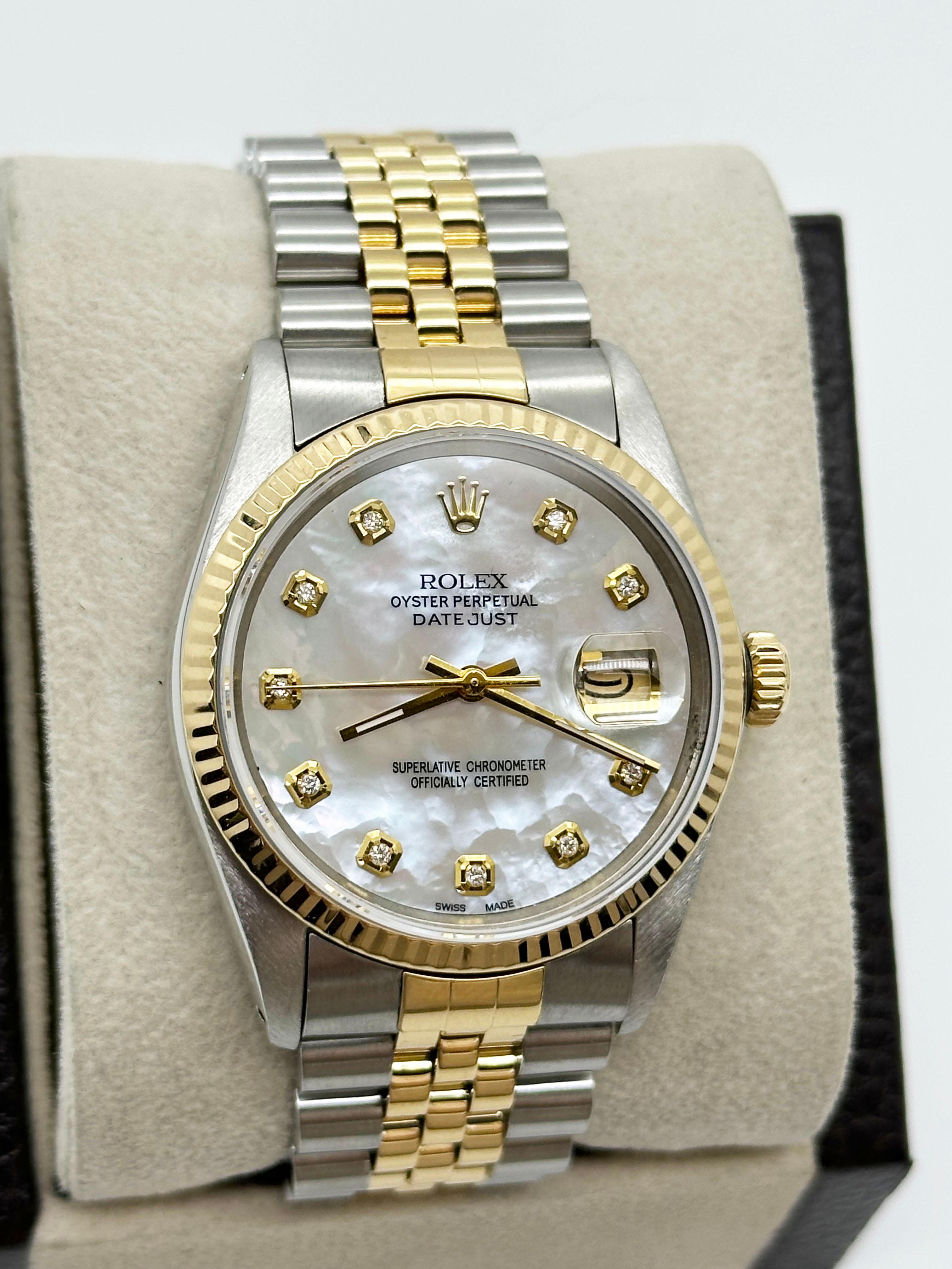 Rolex Datejust 16013 36mm White MOP Diamond Dial 18K Yellow Gold Stainless Steel In Excellent Condition In San Diego, CA