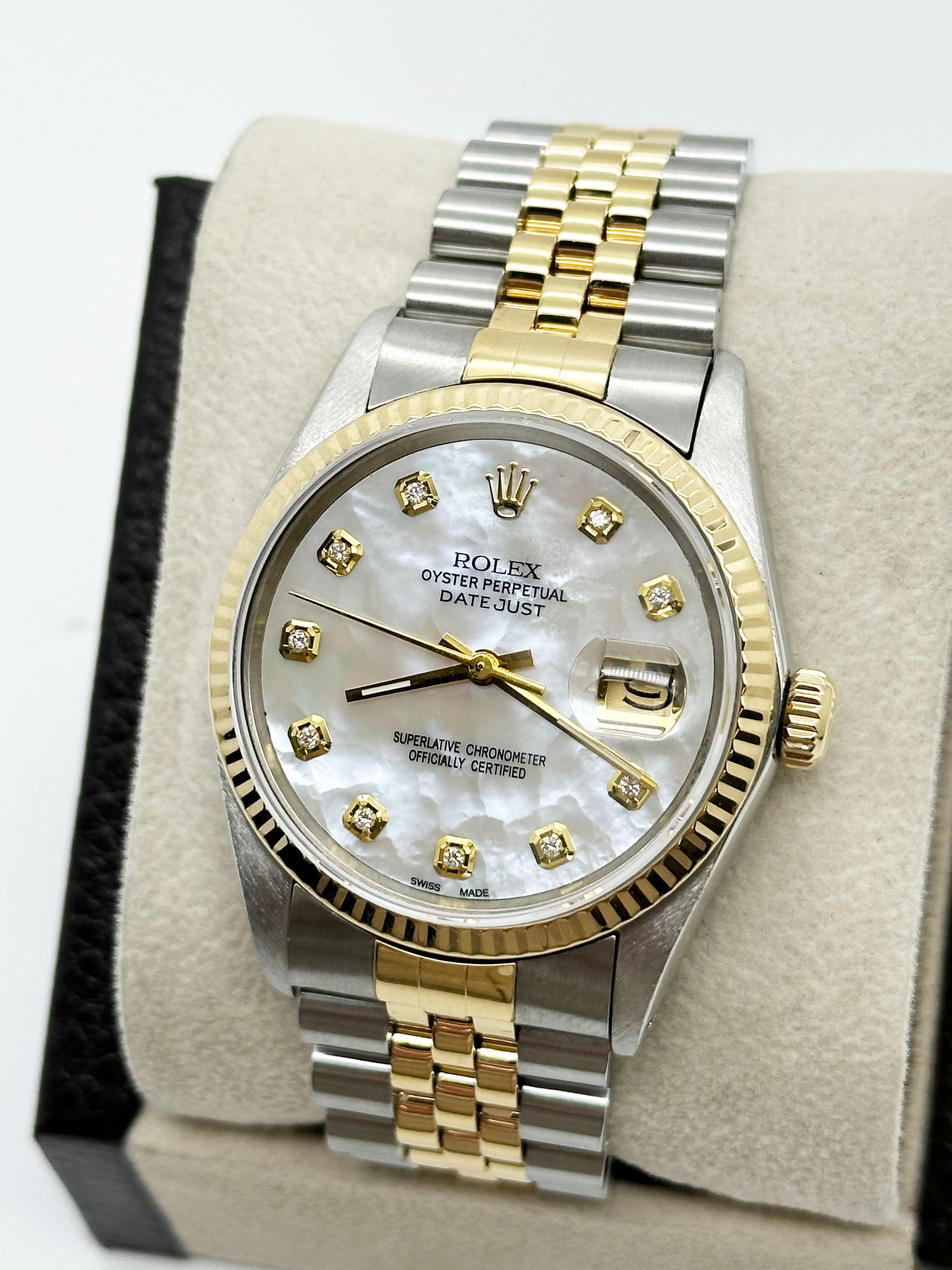 Men's Rolex Datejust 16013 36mm White MOP Diamond Dial 18K Yellow Gold Stainless Steel