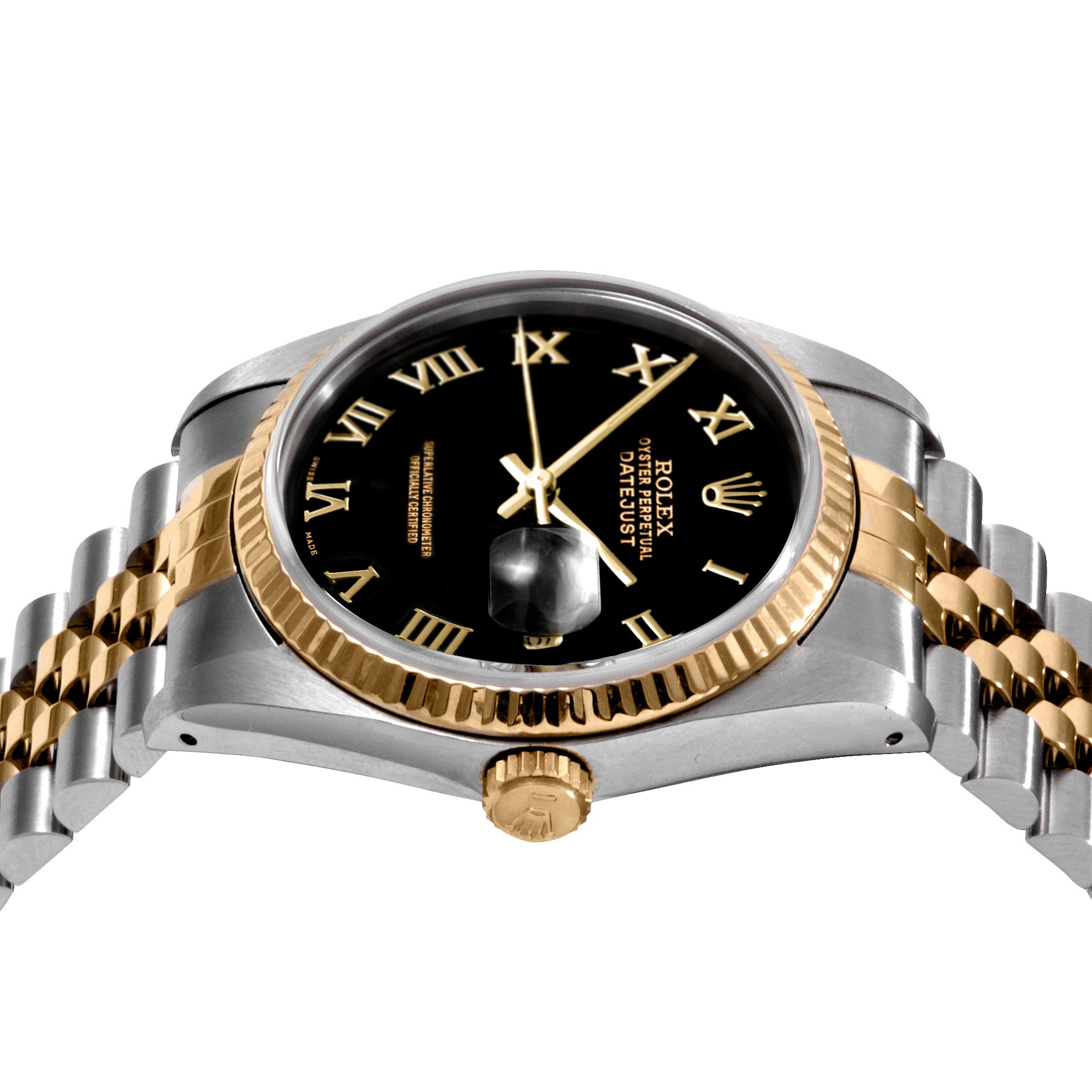 (Watch Description) 
Brand - Rolex
Gender - Unisex
Model - 16013 Datejust 
Metals -yellow gold / steel 
Case size - 36mm
Bezel - Yellow gold Fluted
Crystal - acrylic
Movement - Automatic Cal.3055
Dial - Black roman 
Wrist band - Rolex Jubilee two