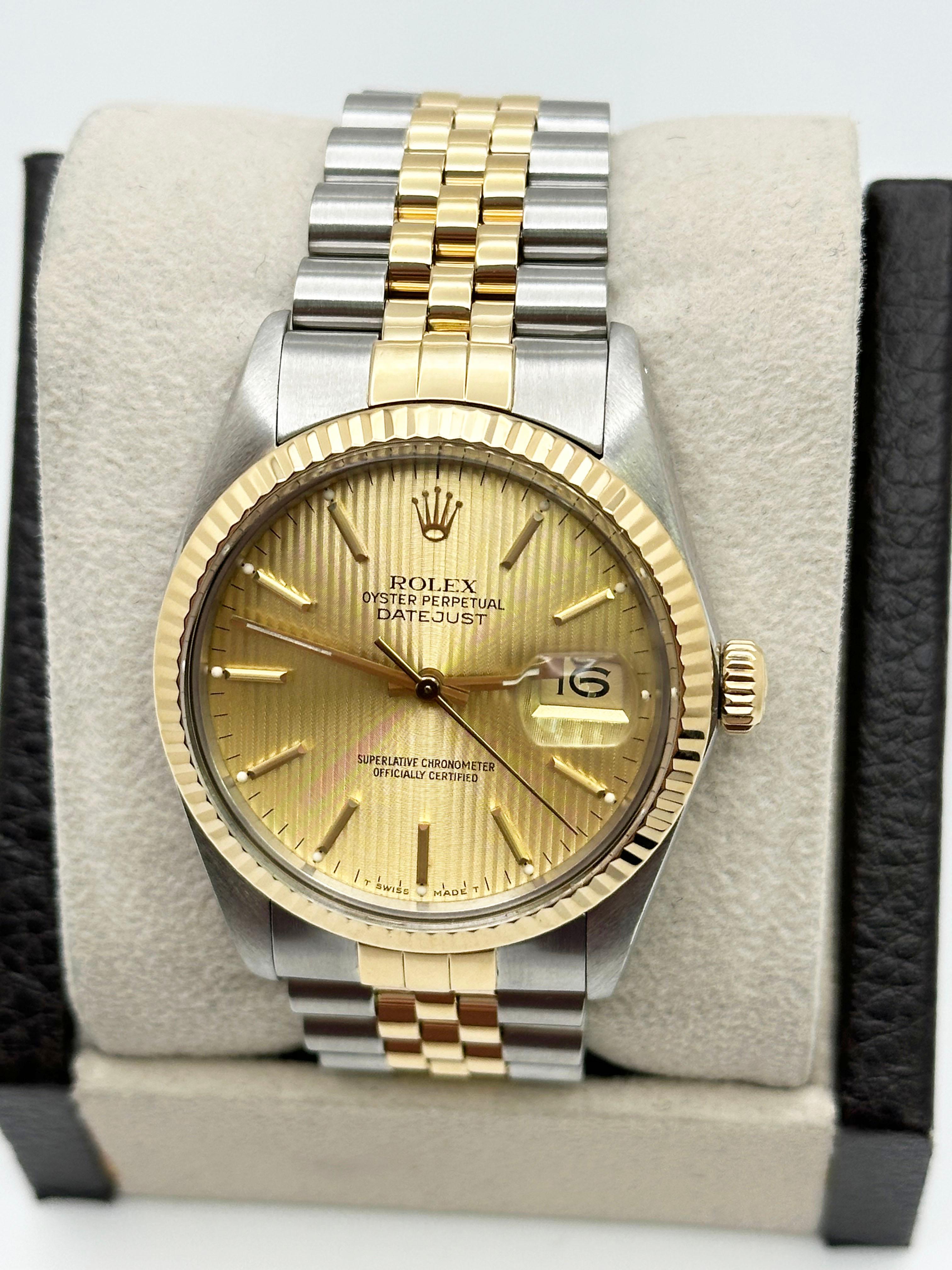 Rolex Datejust 16013 36mm Champagner-Wandteppich Zifferblatt 18K Gold Edelstahl im Zustand „Hervorragend“ in San Diego, CA