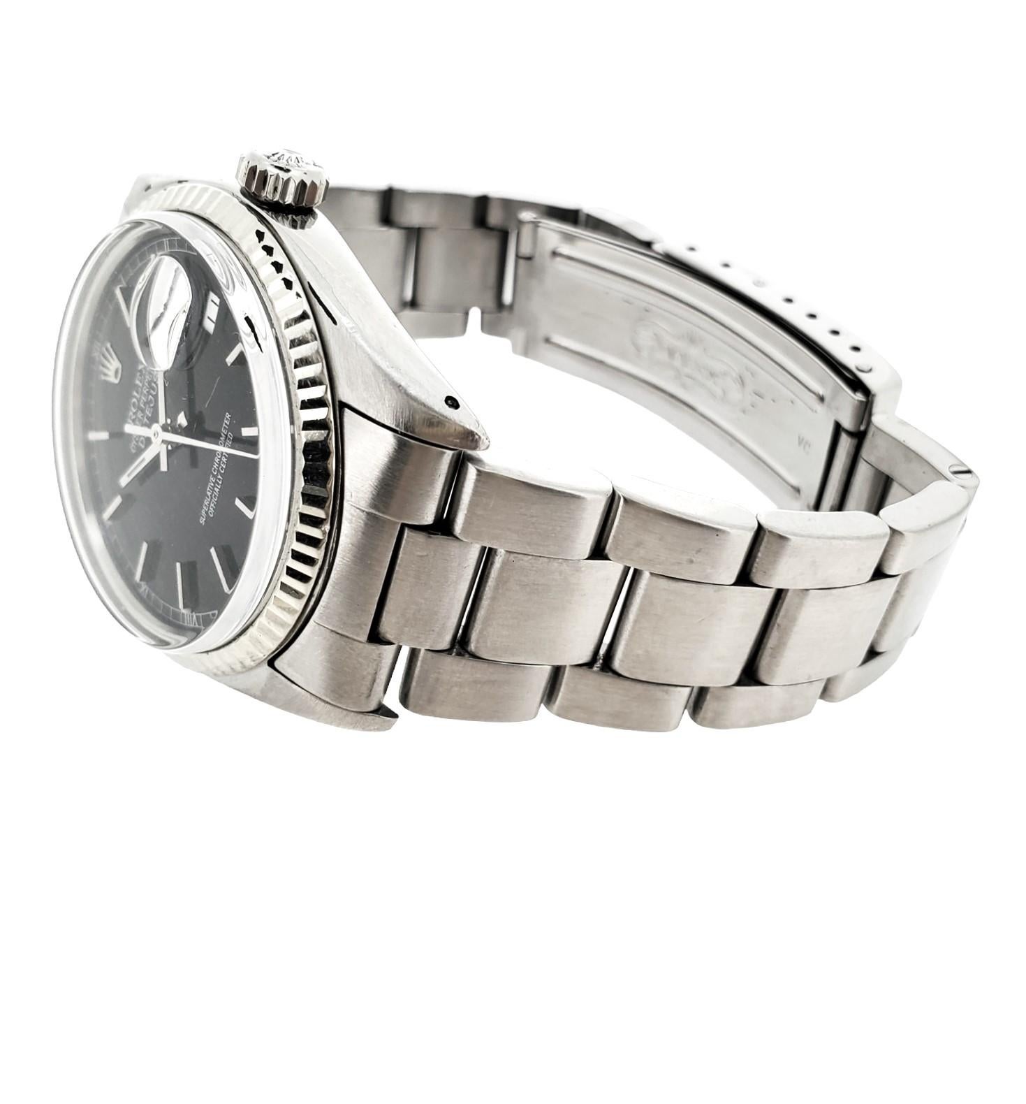 Women's or Men's Rolex 16014 Date just Stainless Steel with White Gold fluted bezel.  Circa 1978 For Sale
