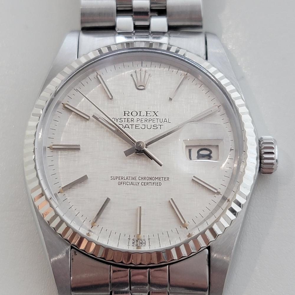 Icono intemporal, Rolex Oyster Perpetual Datejust Ref.16014 automático de hombre, de oro blanco de 18 quilates y acero inoxidable, c.1981, en excelente estado de funcionamiento. Verificado auténtico por un maestro relojero. Preciosa esfera de lino