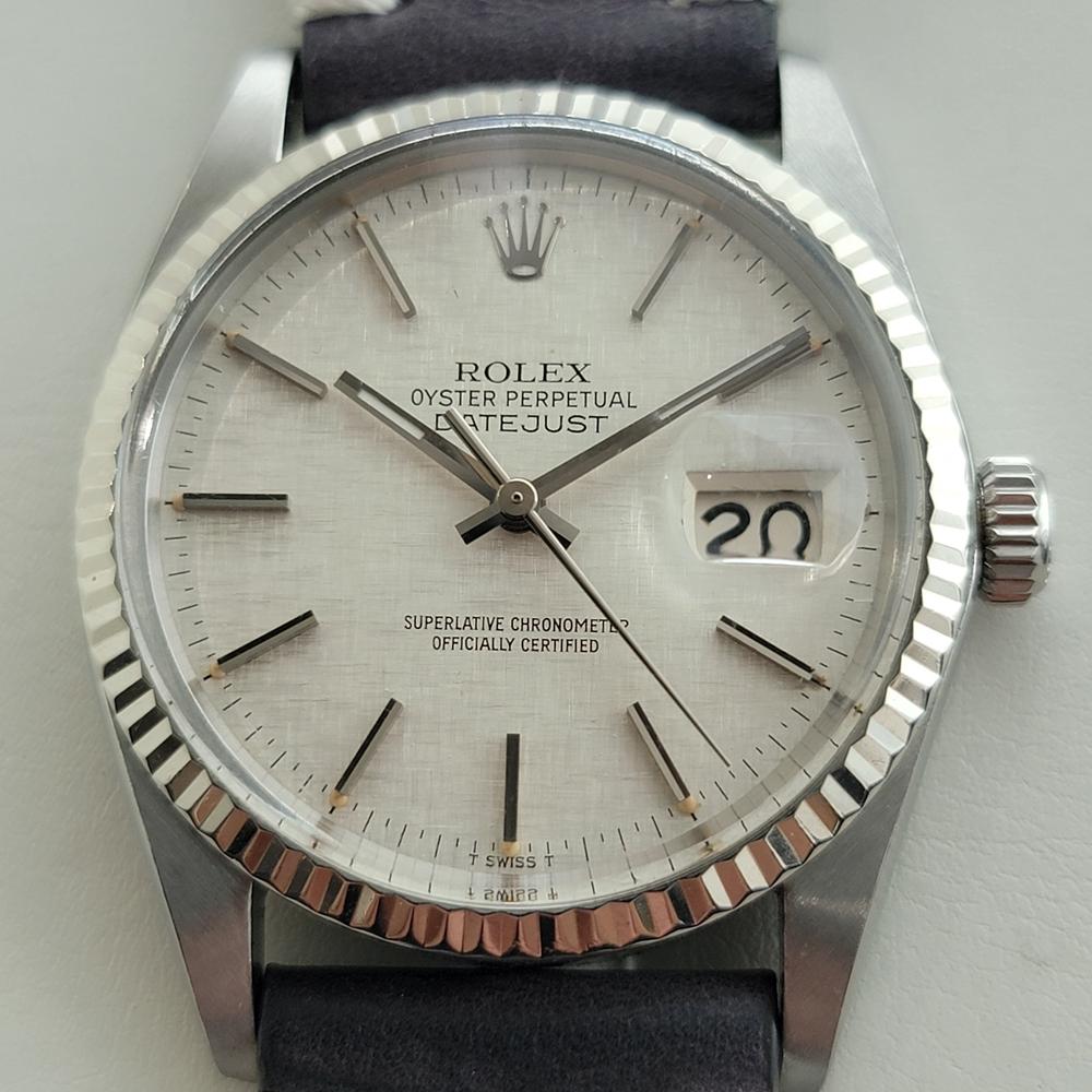 Rolex Oyster Perpetual Datejust Ref. 16014, 18 Karat Weißgold und Edelstahl, Automatik für Herren, um 1981, in ausgezeichnetem Zustand. Von einem Uhrmachermeister für echt befunden. Klassisches, signiertes Rolex-Zifferblatt aus Leinen, applizierte
