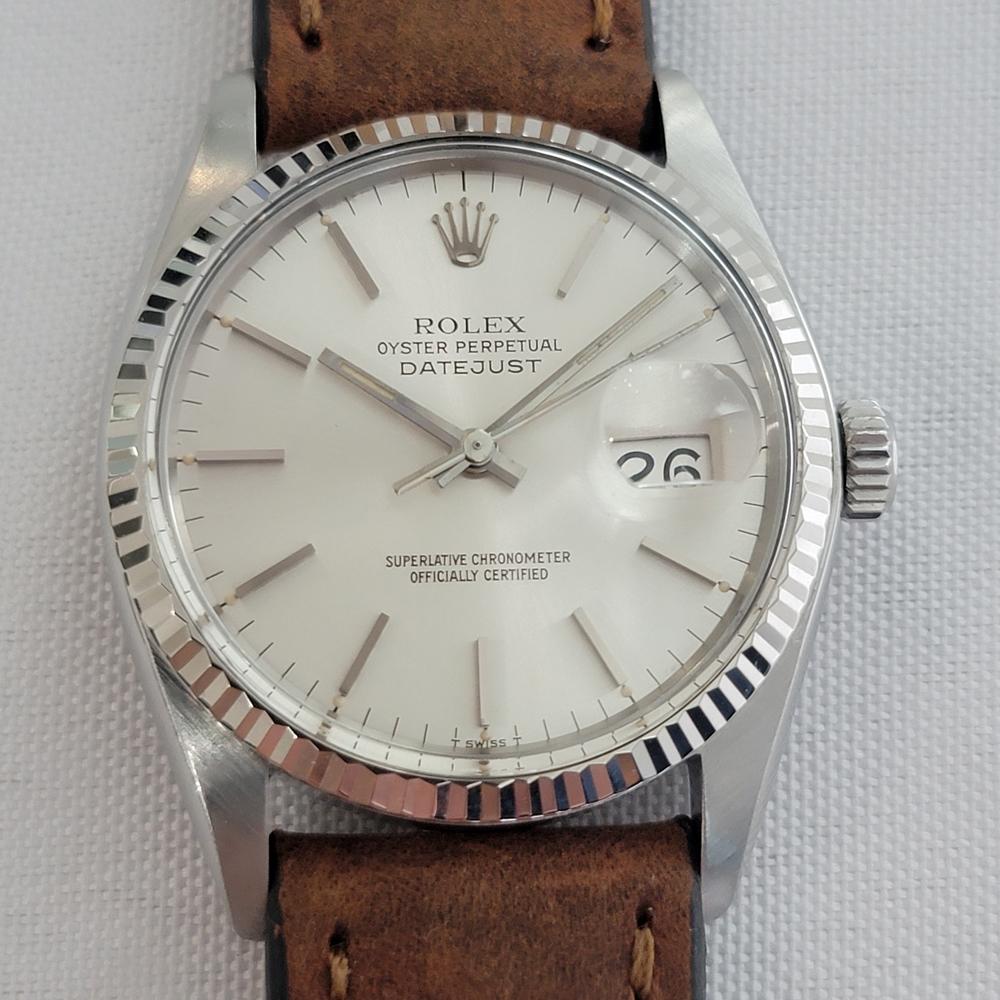 Ikonischer Klassiker, Rolex Oyster Perpetual Datejust Ref.16014 Automatik, 18 Karat Weißgold und Edelstahl, um 1978, in ausgezeichnetem Zustand. Von einem Uhrmachermeister für echt befunden. Wunderschönes, signiertes silbernes Rolex-Zifferblatt,