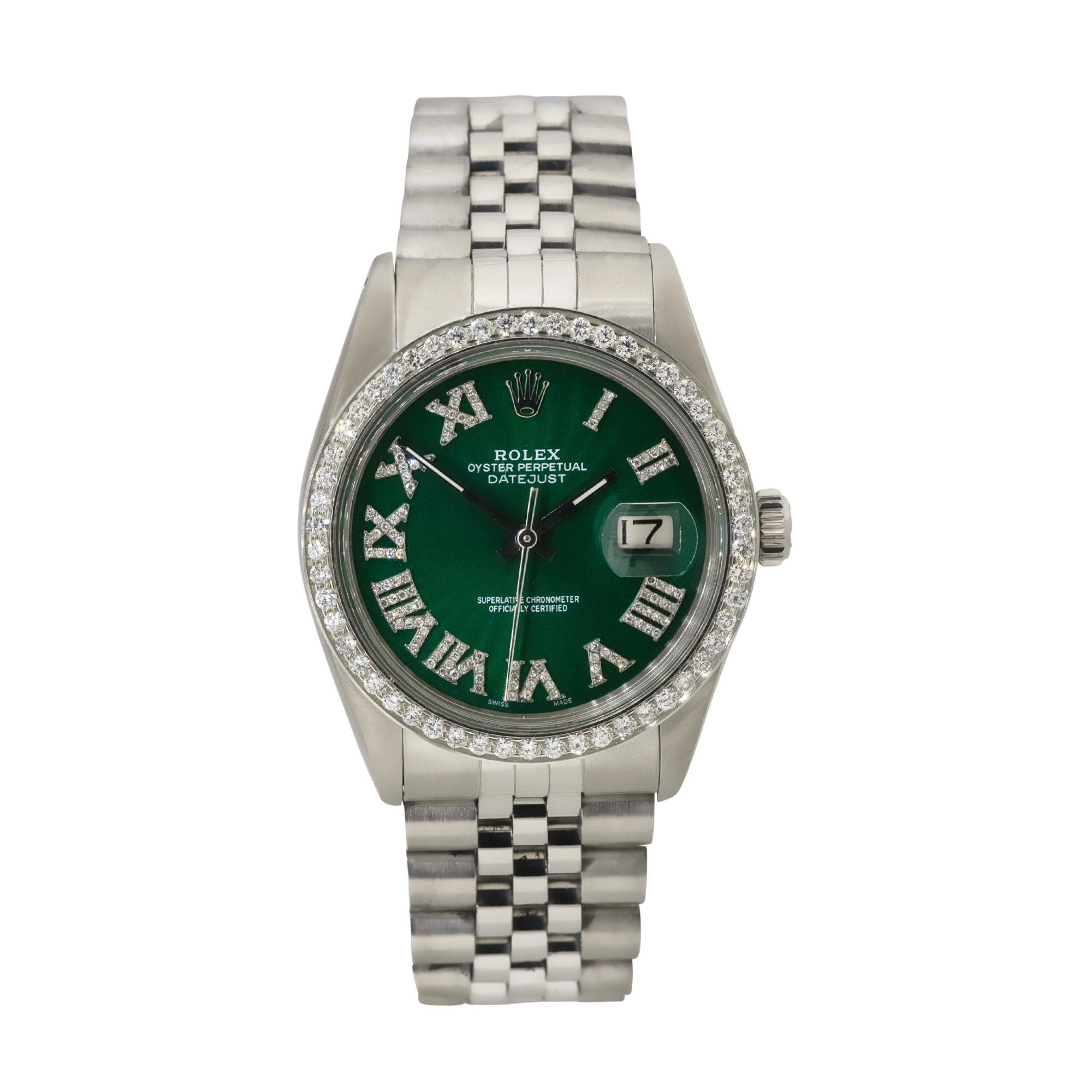 Rolex 16014 Datejust 36mm Stainless Steel Green Diamond Dial Watch
The Rolex 16014 Datejust with a green diamond dial offers a bold and unique design that appeals to individuals looking for a distinctive and stylish timepiece. The combination of