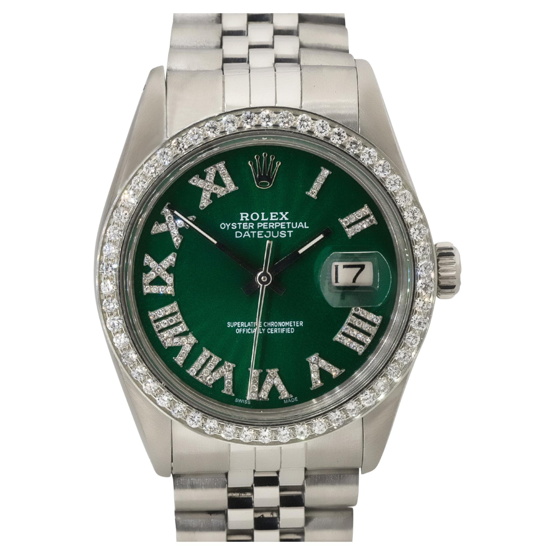 Rolex 16014 Datejust 36mm Stainless Steel Green Diamond Dial Watch For Sale
