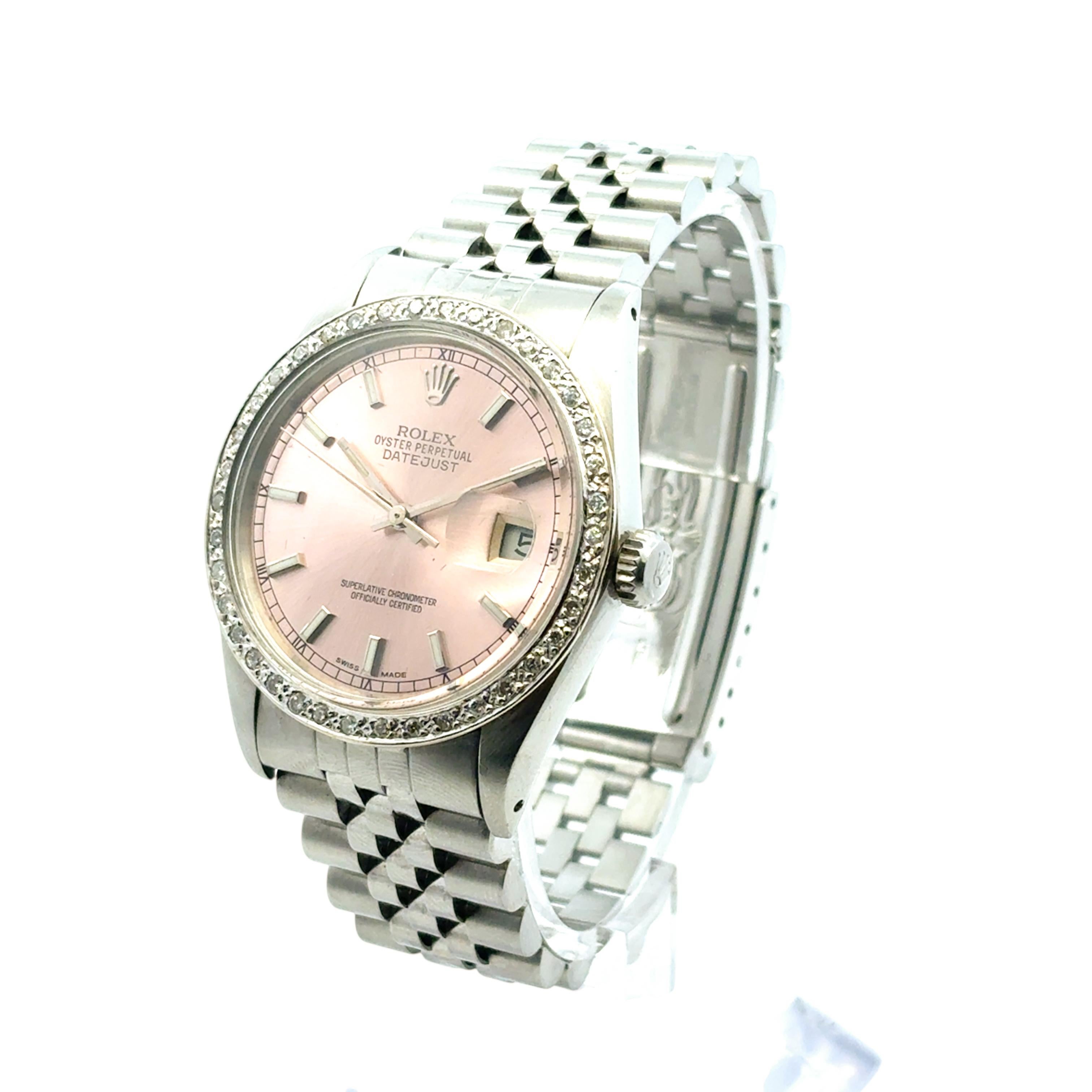 Rolex 16014 Datejust Stainless Steel Aftermarket Pink Diamond Dial Bezel Watch For Sale 5