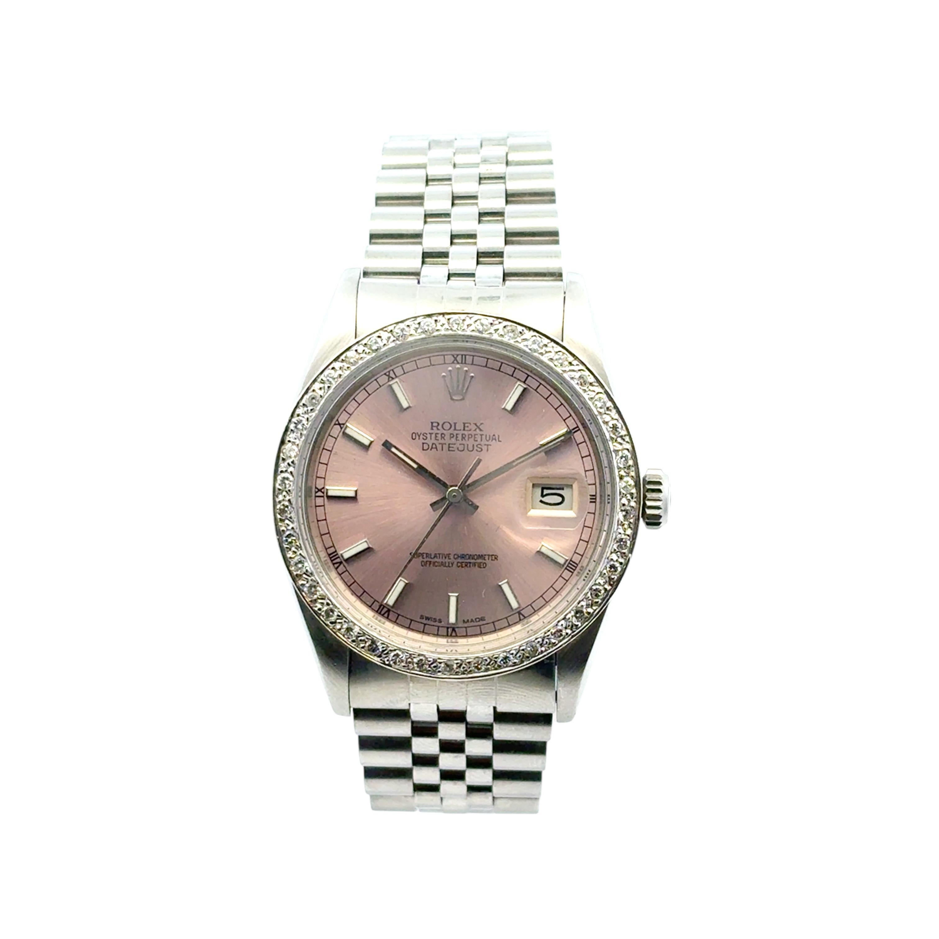 Rolex 16014 Datejust Stainless Steel Aftermarket Pink Diamond Dial Bezel Watch For Sale 6
