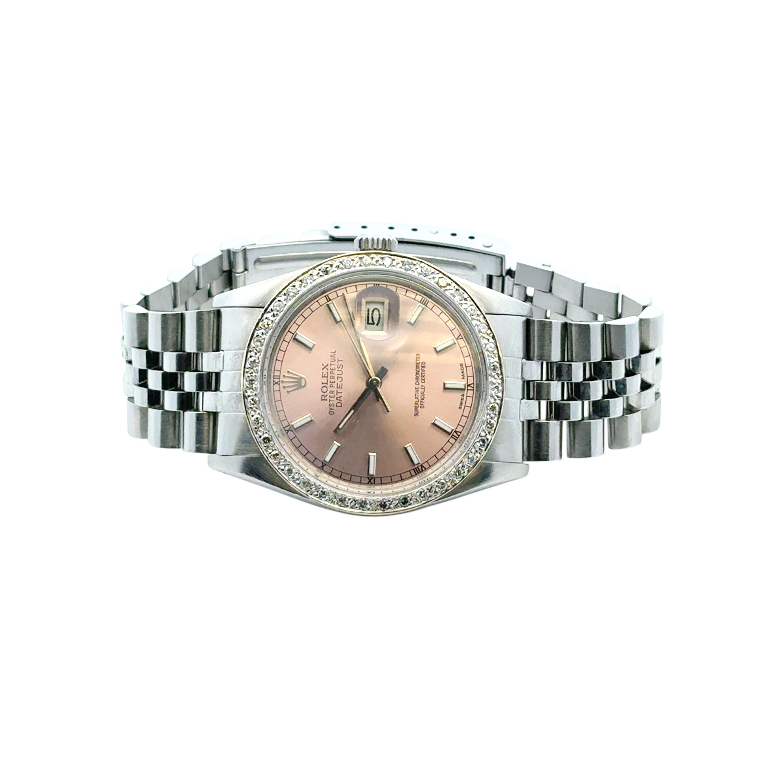 Rolex 16014 Datejust Stainless Steel Aftermarket Pink Diamond Dial Bezel Watch For Sale 7