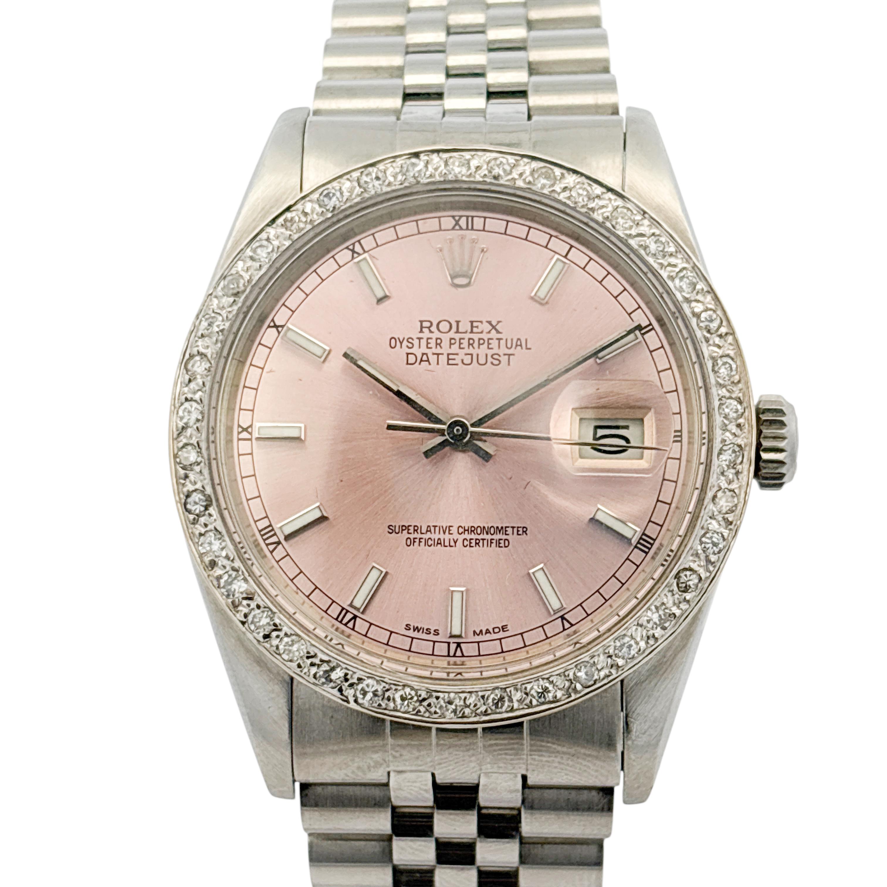 Rolex 16014 Datejust 36mm Stainless Steel Aftermarket Pink Diamond Dial and Bezel Watch

This beautiful Rolex 16014 Datejust Watch is in excellent condition and is ready to ship!

Brand: Rolex
MPN: 16014
Model: Datejust
Case Material: Stainless