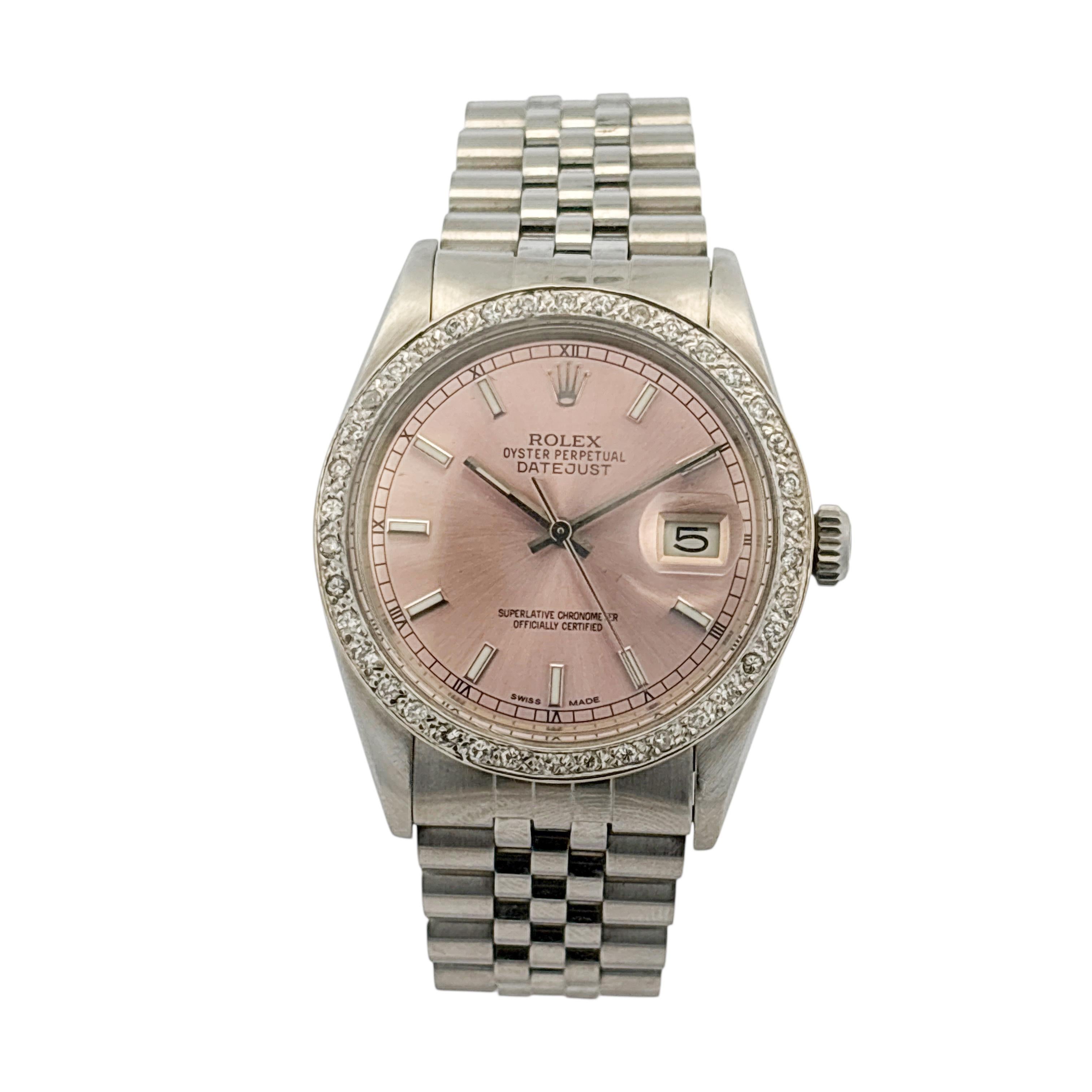 Modern Rolex 16014 Datejust Stainless Steel Aftermarket Pink Diamond Dial Bezel Watch For Sale