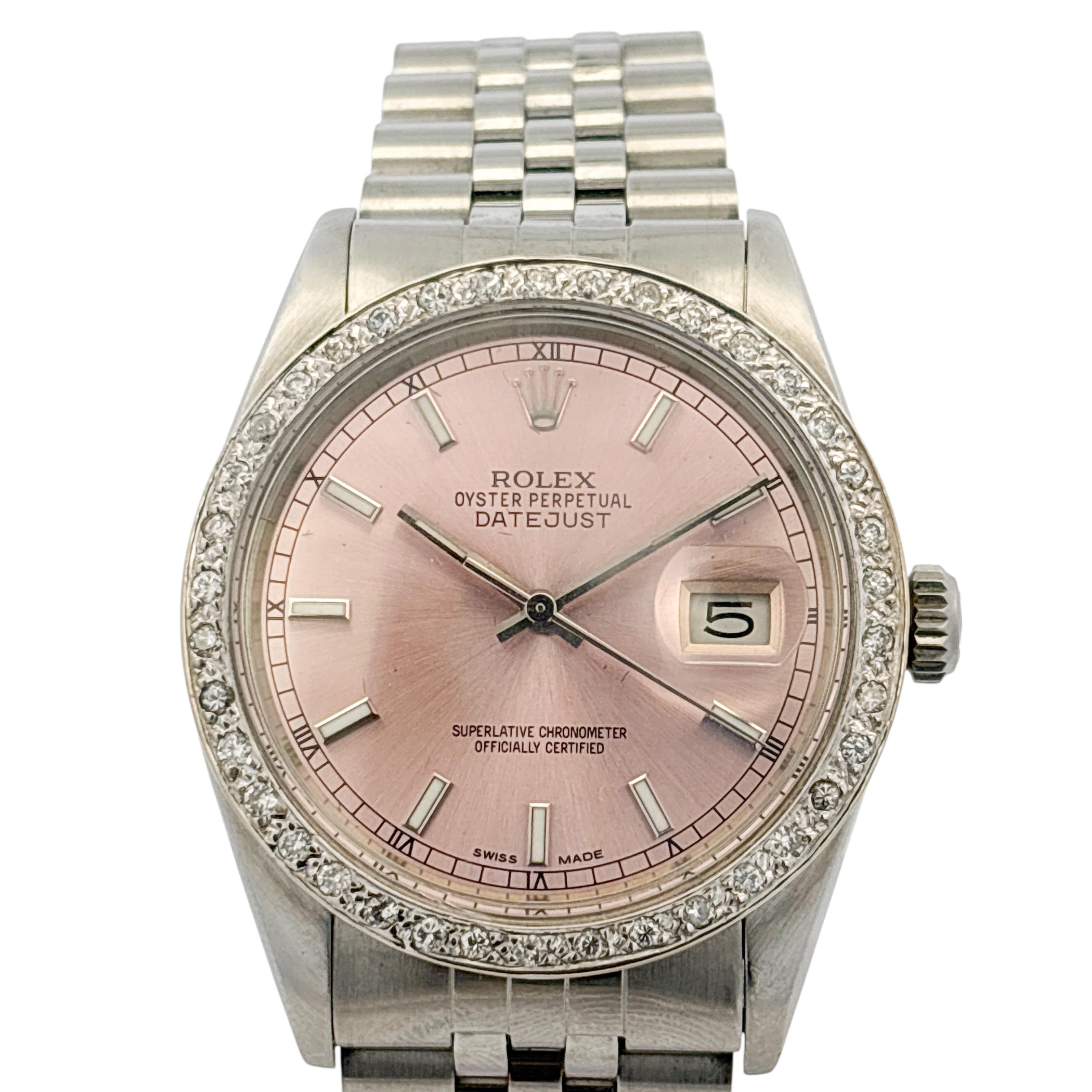 Round Cut Rolex 16014 Datejust Stainless Steel Aftermarket Pink Diamond Dial Bezel Watch For Sale