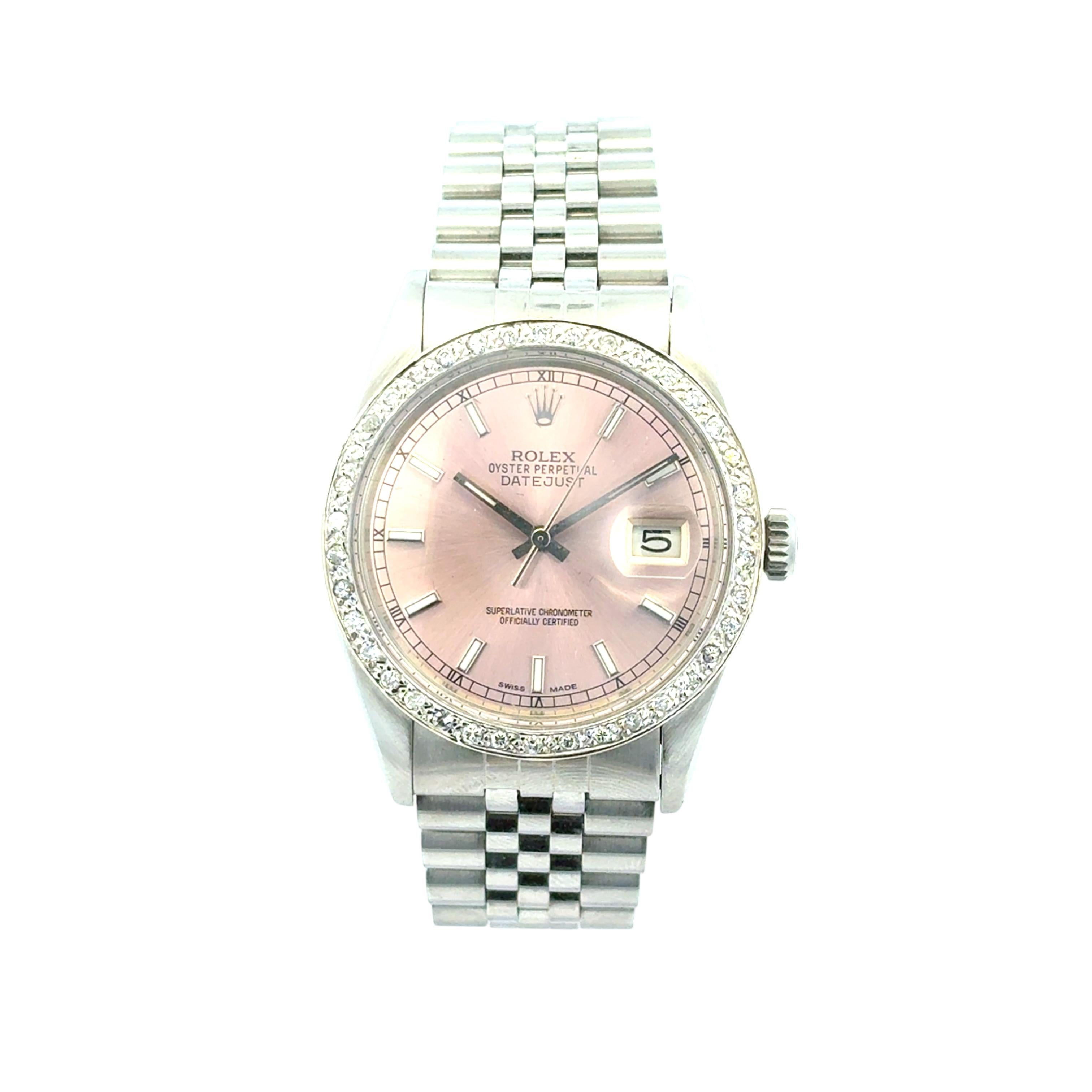 Rolex 16014 Datejust Stainless Steel Aftermarket Pink Diamond Dial Bezel Watch In Excellent Condition For Sale In Boca Raton, FL