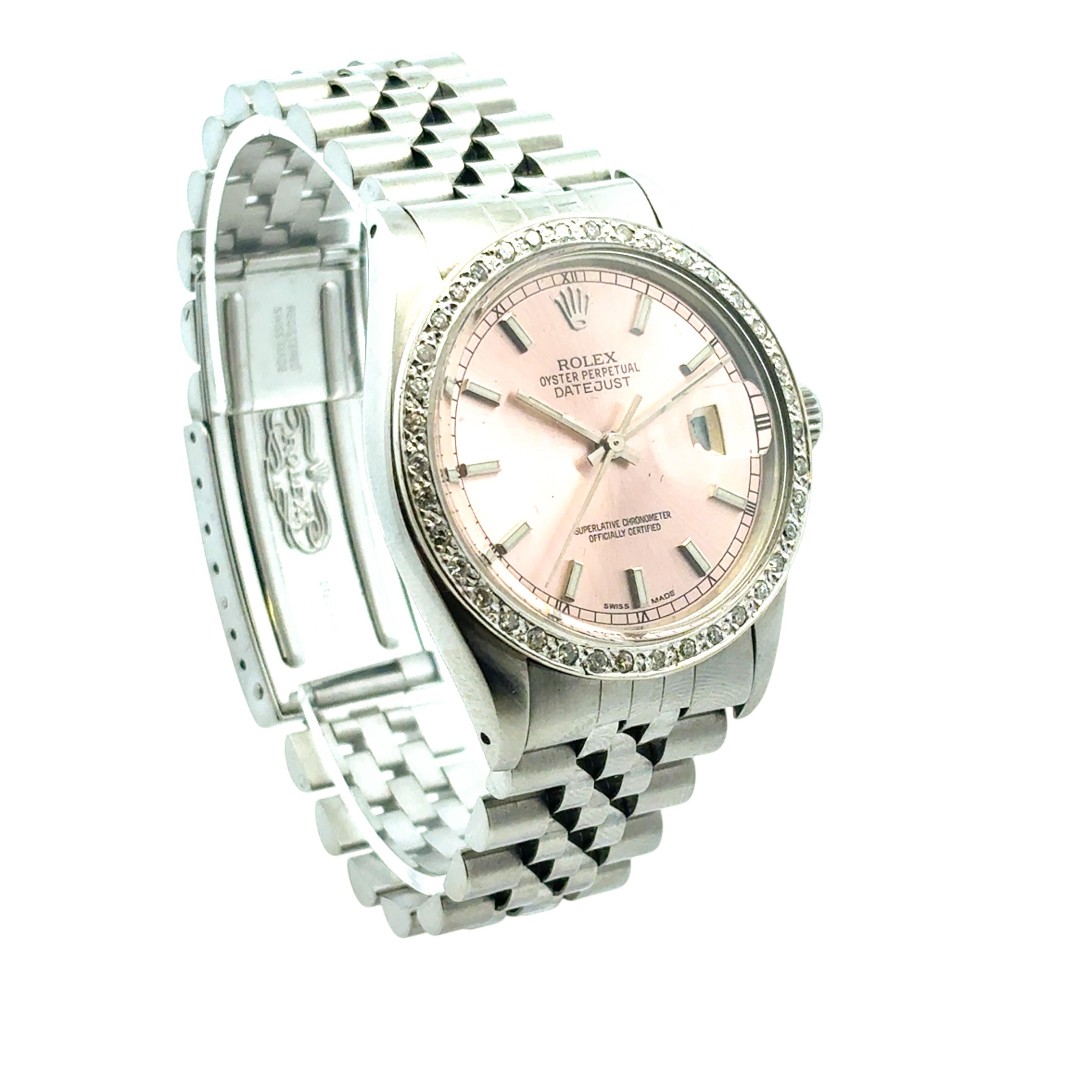 Women's or Men's Rolex 16014 Datejust Stainless Steel Aftermarket Pink Diamond Dial Bezel Watch For Sale