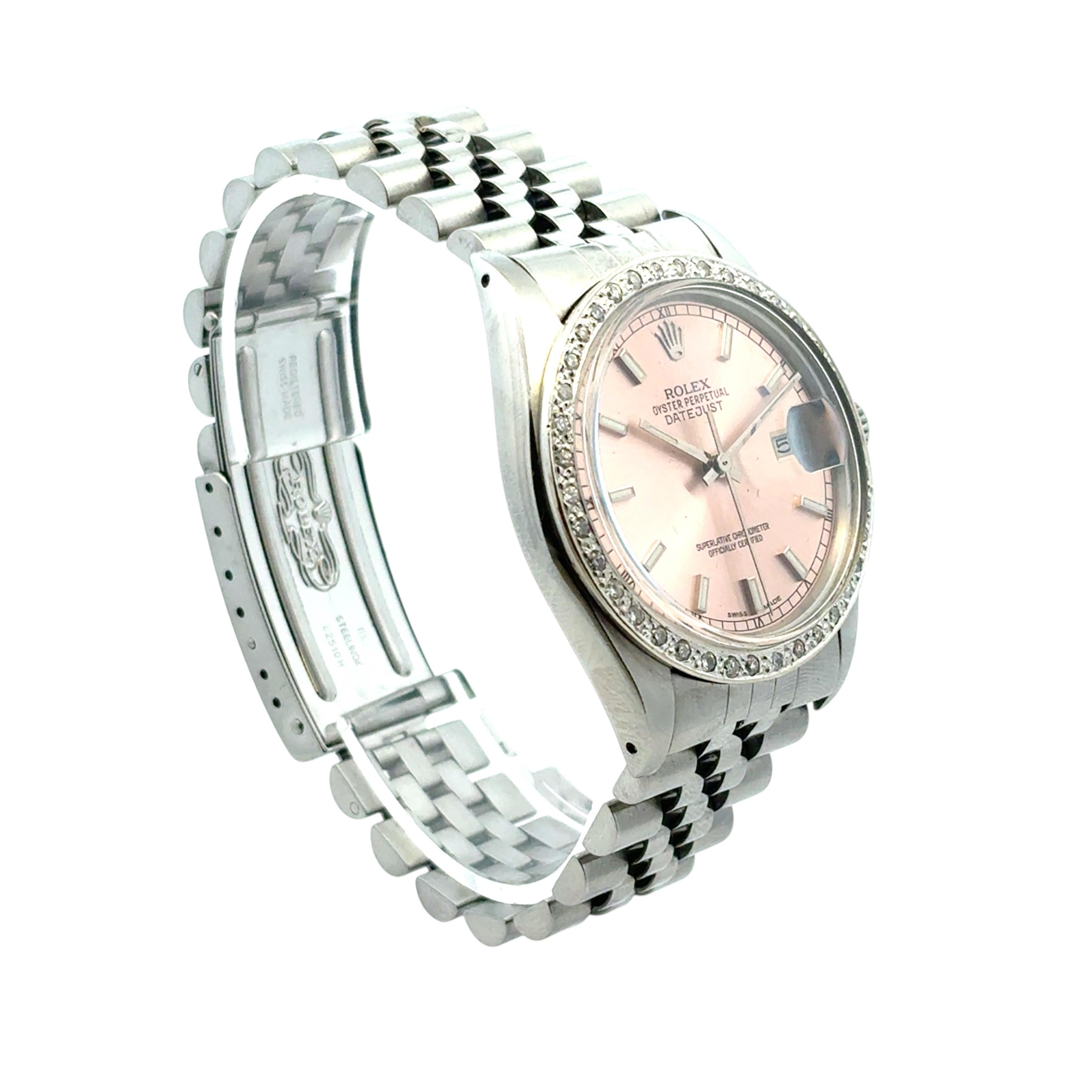 Rolex 16014 Datejust Stainless Steel Aftermarket Pink Diamond Dial Bezel Watch For Sale 1