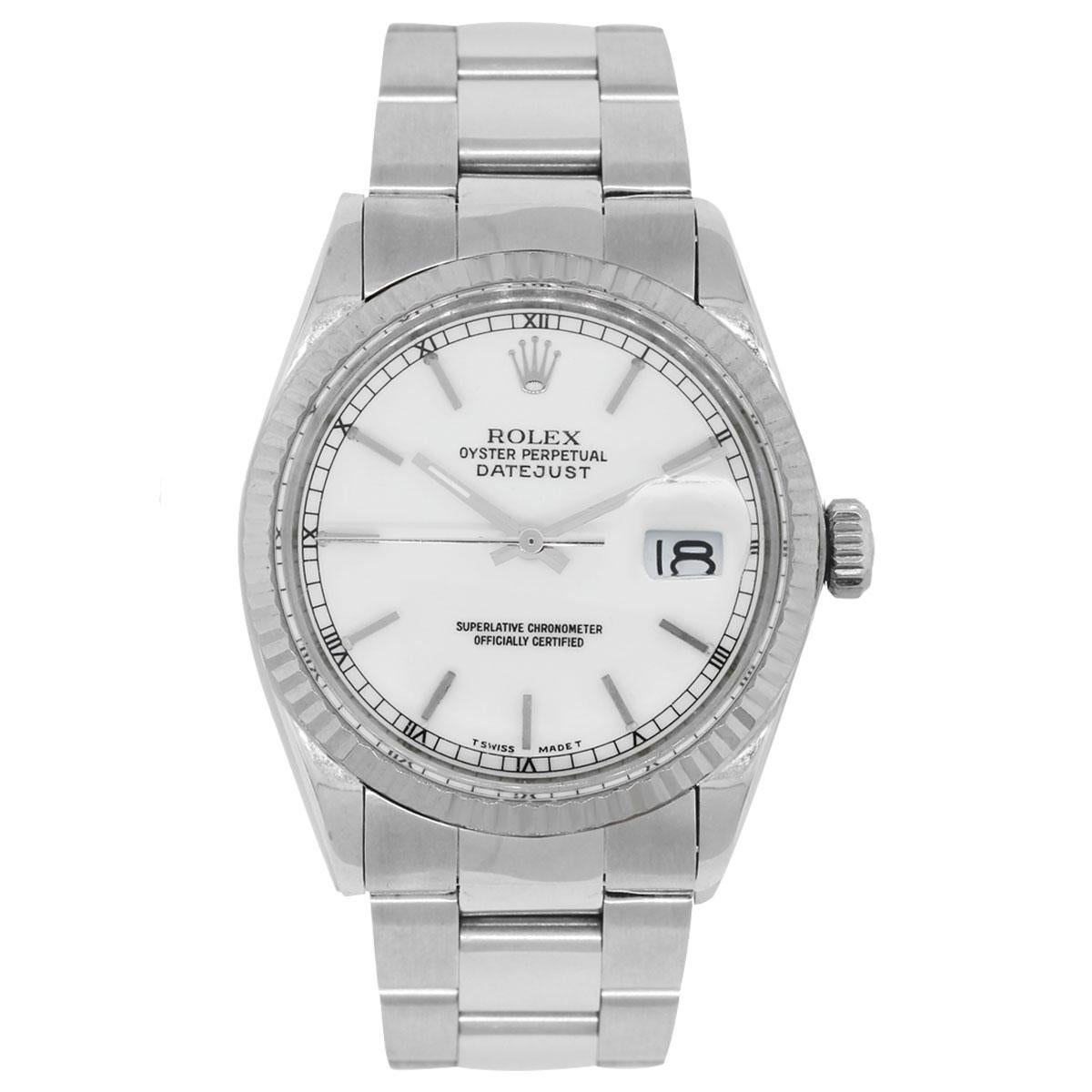 Brand: Rolex
MPN: 16014
Model: Datejust
Case Material: Stainless Steel
Case Diameter: 36mm
Crystal: Plastic
Bezel: Stainless steel fixed fluted bezel
Dial: White dial with silver sticks and hour markers. Date is indicated at 3 o’ clock.
Bracelet: