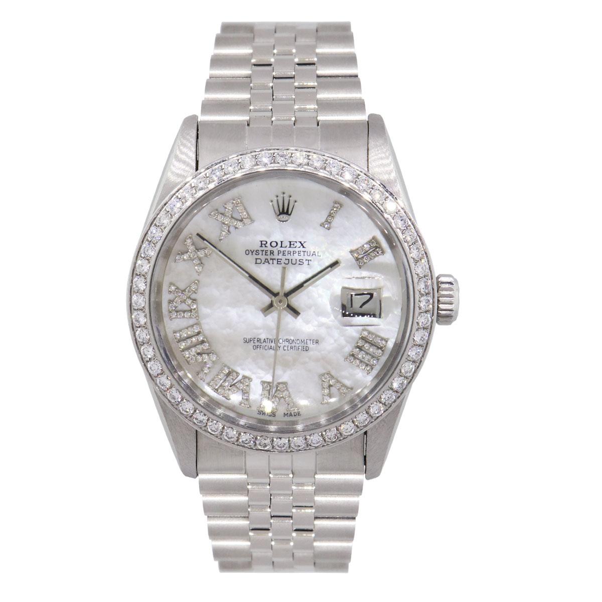 Brand: Rolex
Model: Datejust
Reference Number: 16014
Serial: 8 mill. serial
Material: Stainless Steel
Dial: Mother of pearl diamond roman dial (aftermarket)
Bezel: Round brilliant diamond bezel (aftermarket)
Case Measurements: 36mm
Bracelet: