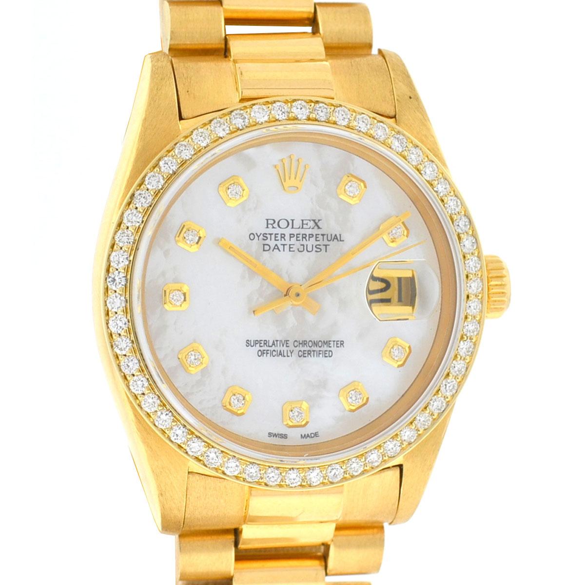Company - Rolex
Style - Luxury Watch
Model - Datejust
Reference Number - 16018
Case Metal - 18k Yellow Gold
Case Measurement - 36 mm
Bracelet - 18k Yellow Gold
Dial - CUSTOM MOP DIAMOND DIAL
Bezel - CUSTOM DIAMOND BEZEL
Crystal - Scratch Resistant