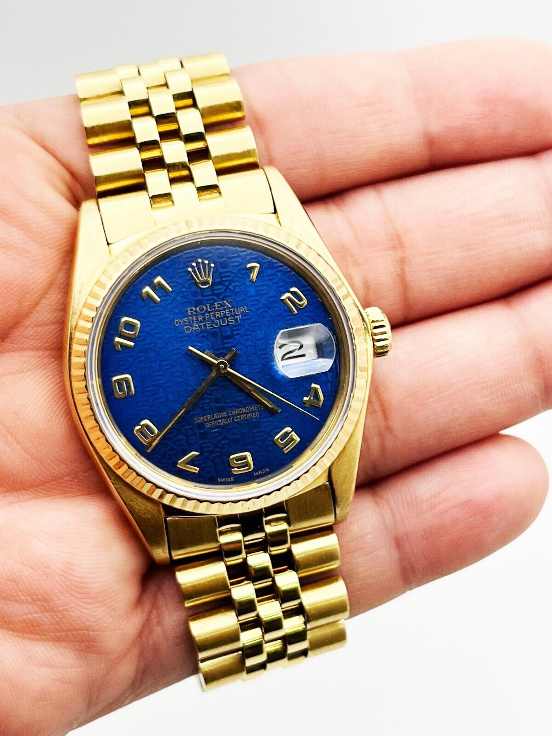  Rolex 16018 Datejust Factory, cadran bleu anniversaire en or jaune 18 carats Unisexe 